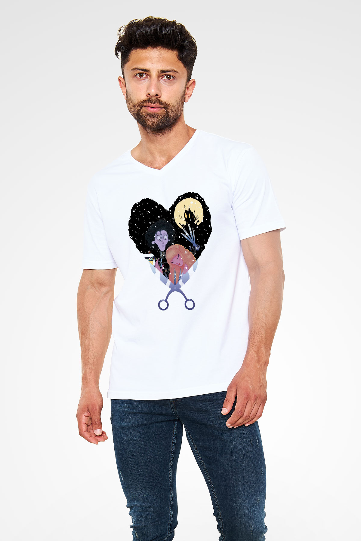 Edward Scissorhands Beyaz Unisex V Yaka Tişört