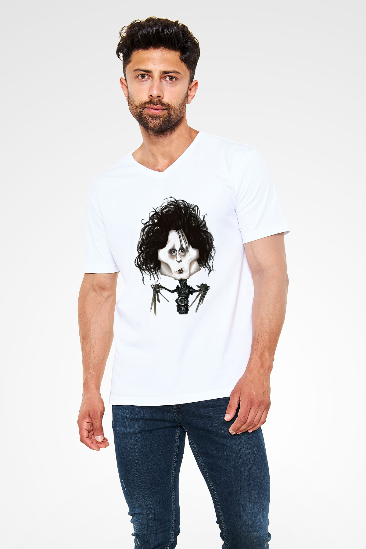 Edward Scissorhands Beyaz Unisex V Yaka Tişört