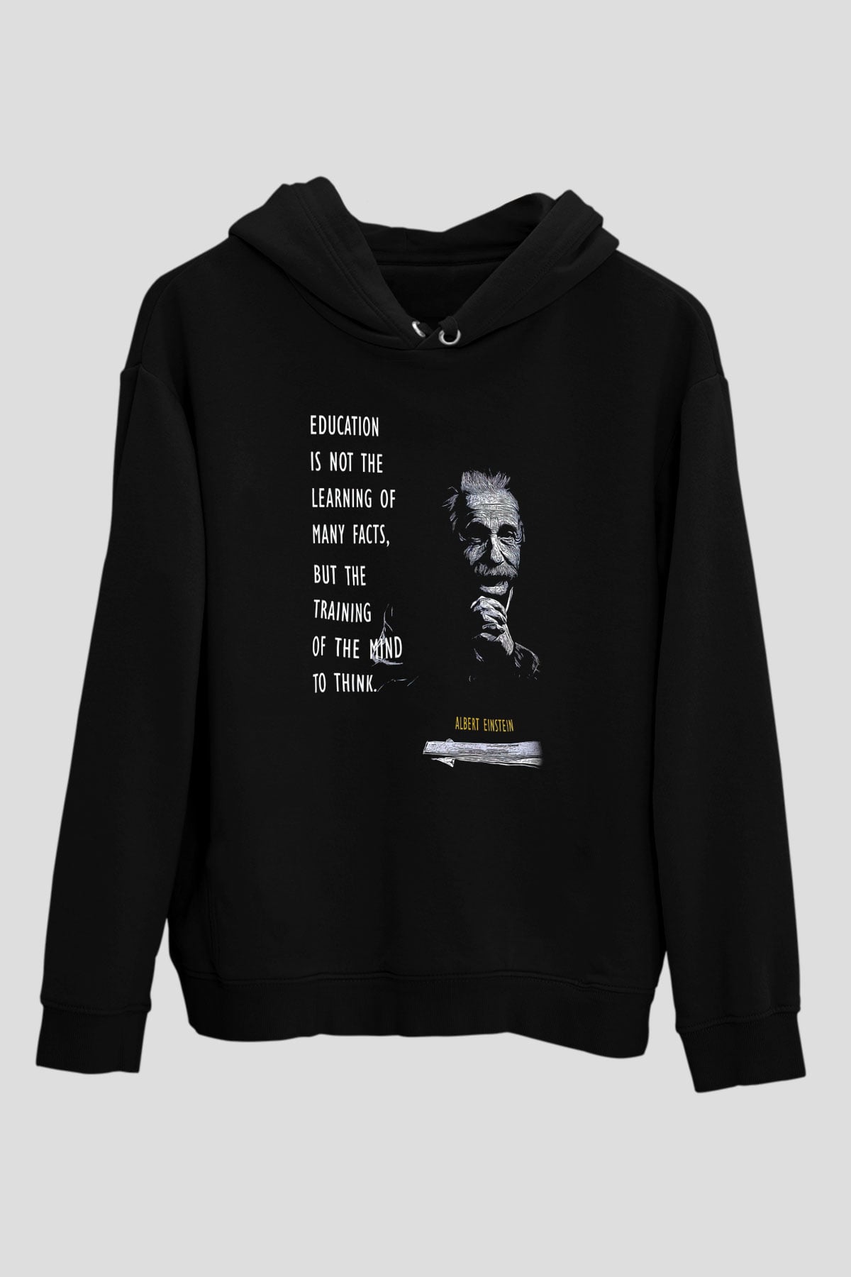 Einstein Alıntı Baskılı Unisex Siyah Hoodie