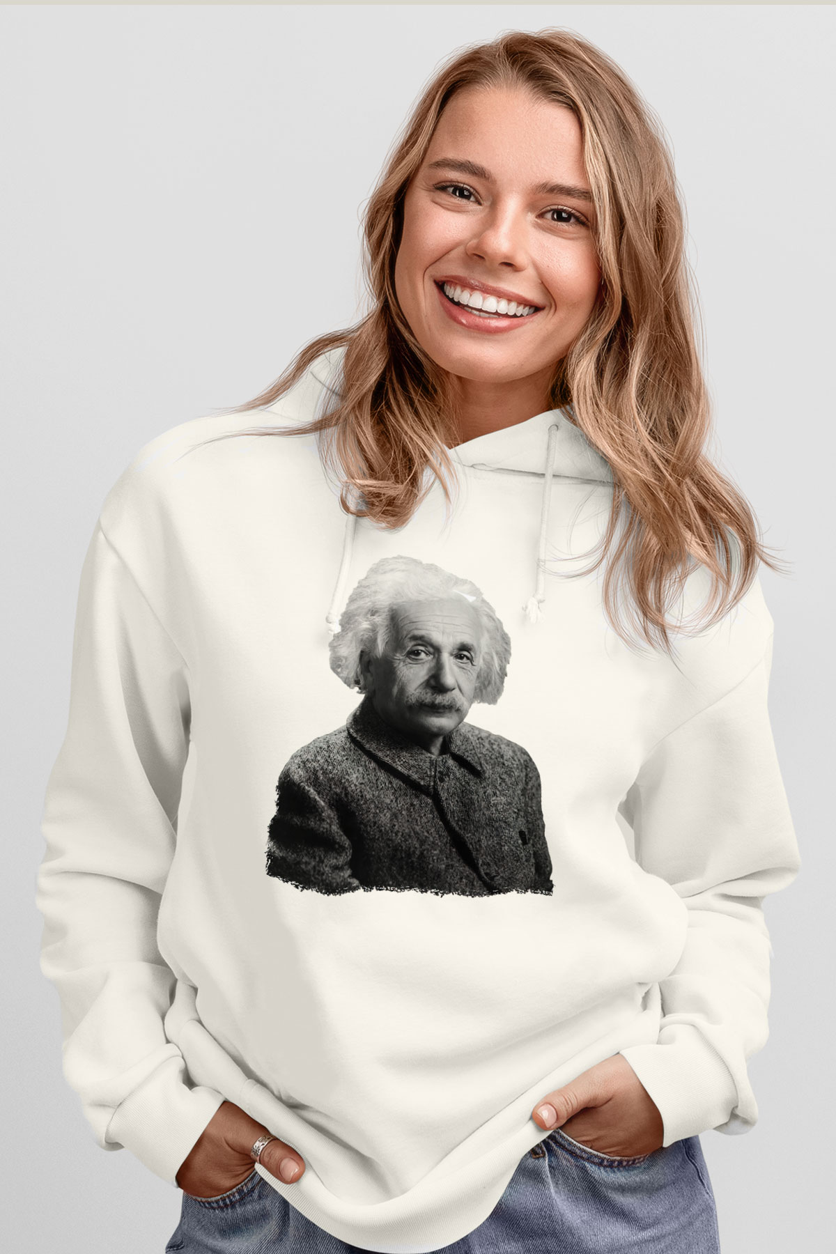 Einstein Beyaz Unisex Kapüşonlu Sweatshirt