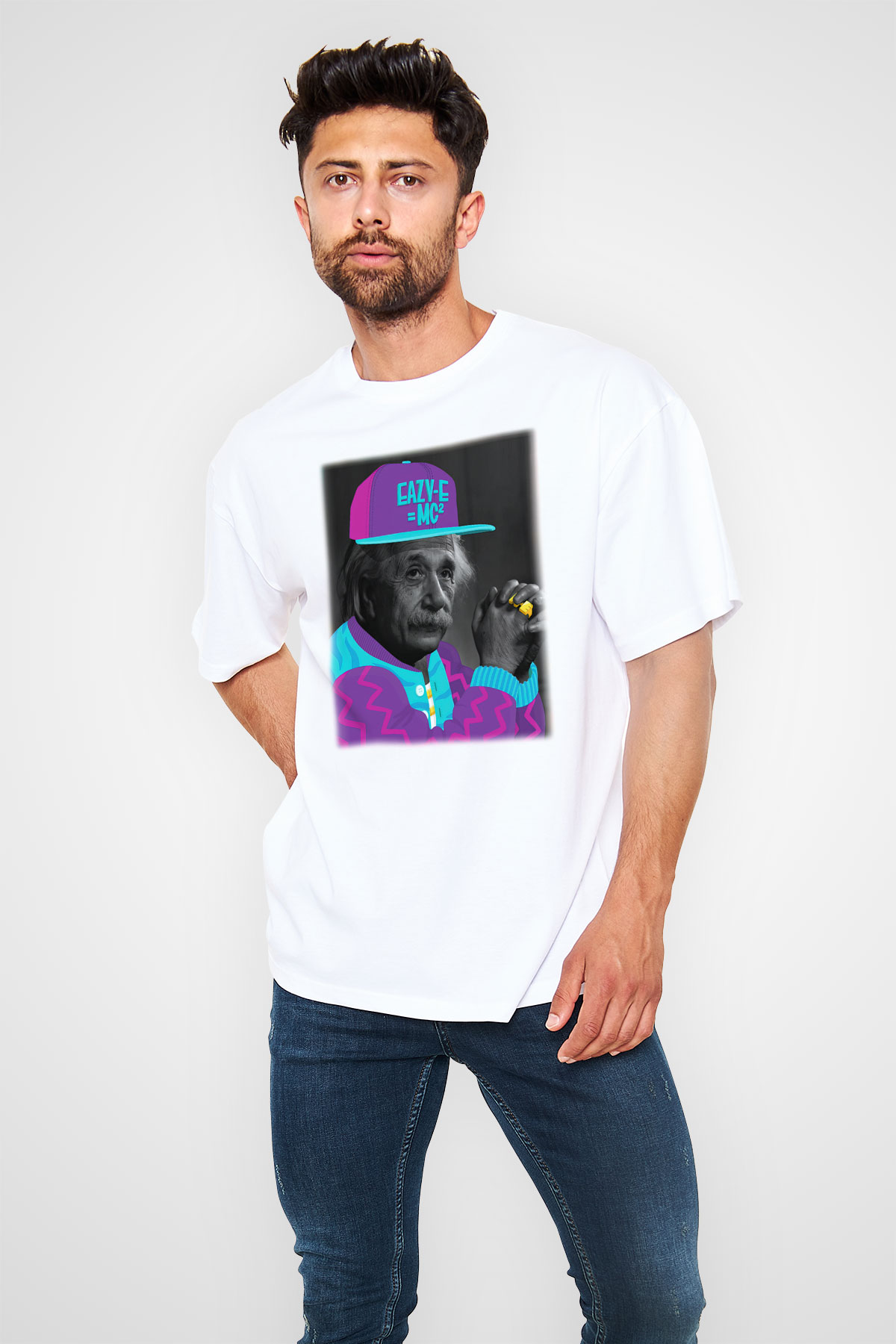 Einstein Beyaz Unisex Oversize Tişört T-Shirt