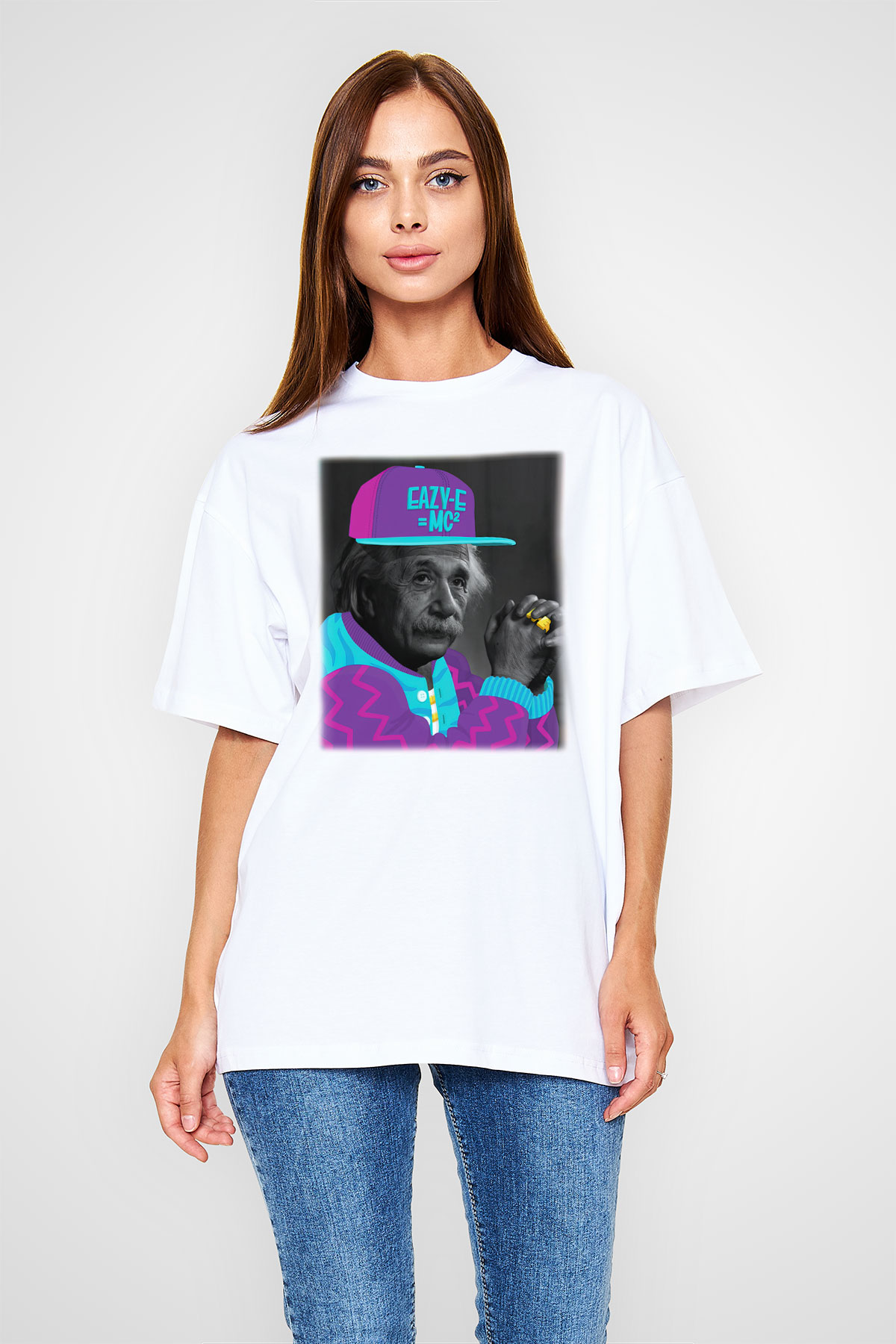Einstein Beyaz Unisex Oversize Tişört T-Shirt