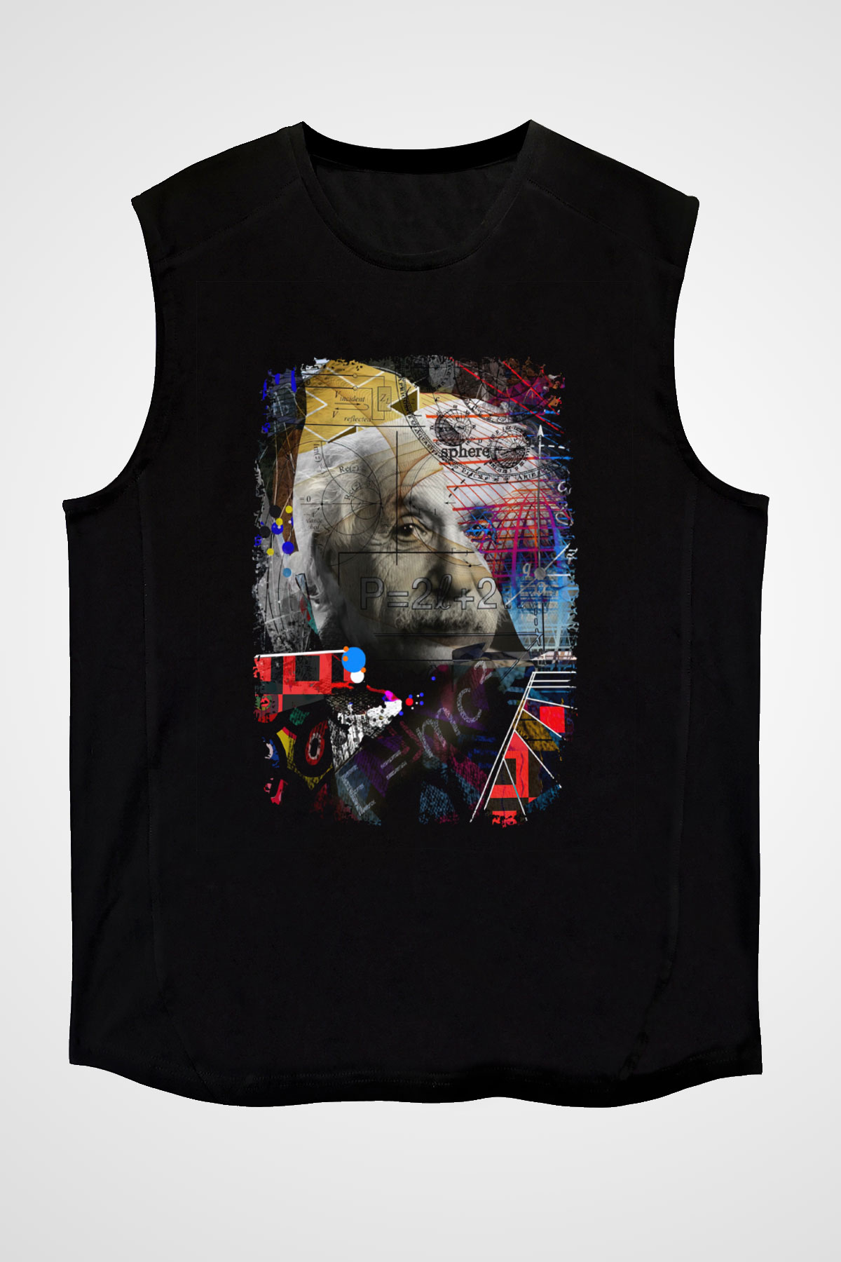 Einstein Pop Art Baskılı Unisex Kolsuz Siyah Tişört - Tshirt