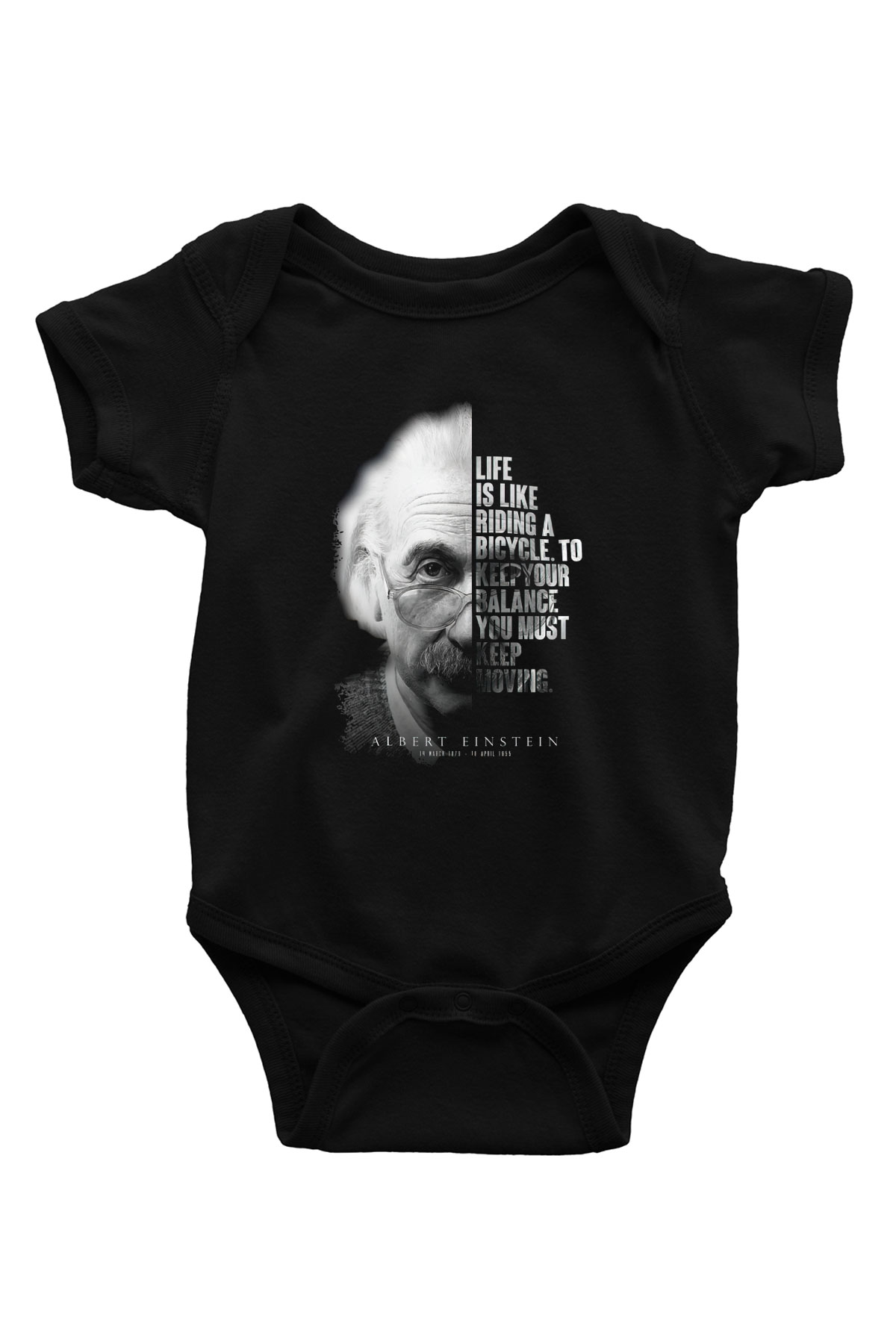 Einstein Portre Lıntı Baskılı Unisex  Siyah Bebek Body - Zıbın