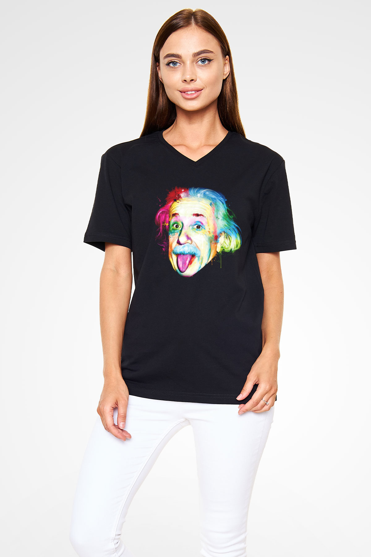 Einstein Siyah Unisex V Yaka Tişört T-Shirt