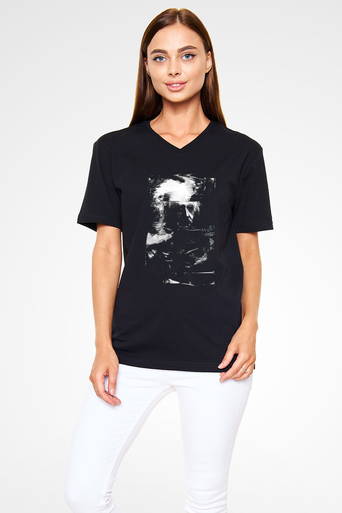 Einstein Siyah Unisex V Yaka Tişört T-Shirt