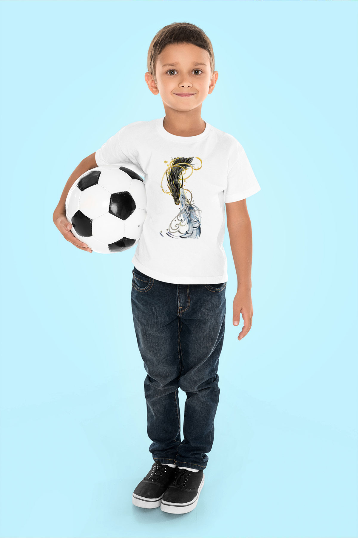 Ejderha Baskılı Beyaz Unisex Beyaz Çocuk Tişört - Tshirt