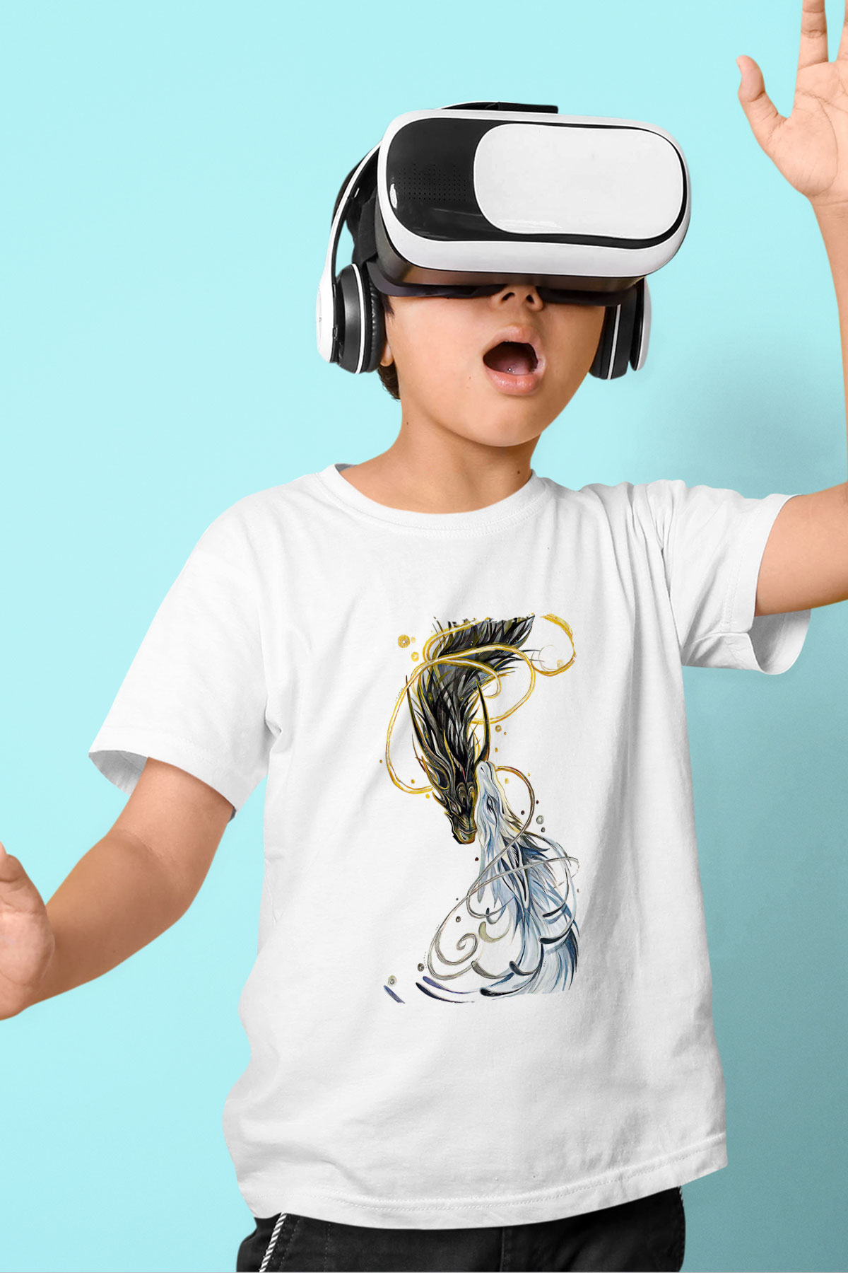 Ejderha Baskılı Beyaz Unisex Beyaz Çocuk Tişört - Tshirt
