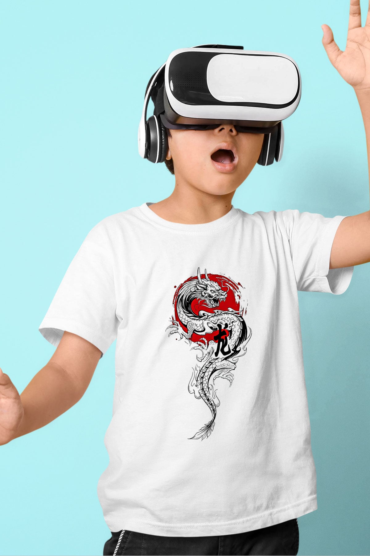 Ejderha Baskılı Beyaz Unisex Beyaz Çocuk Tişört - Tshirt