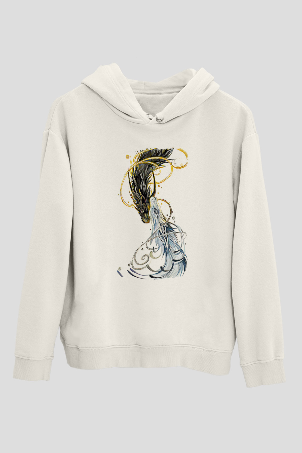 Ejderha Baskılı Beyaz Unisex Hoodie