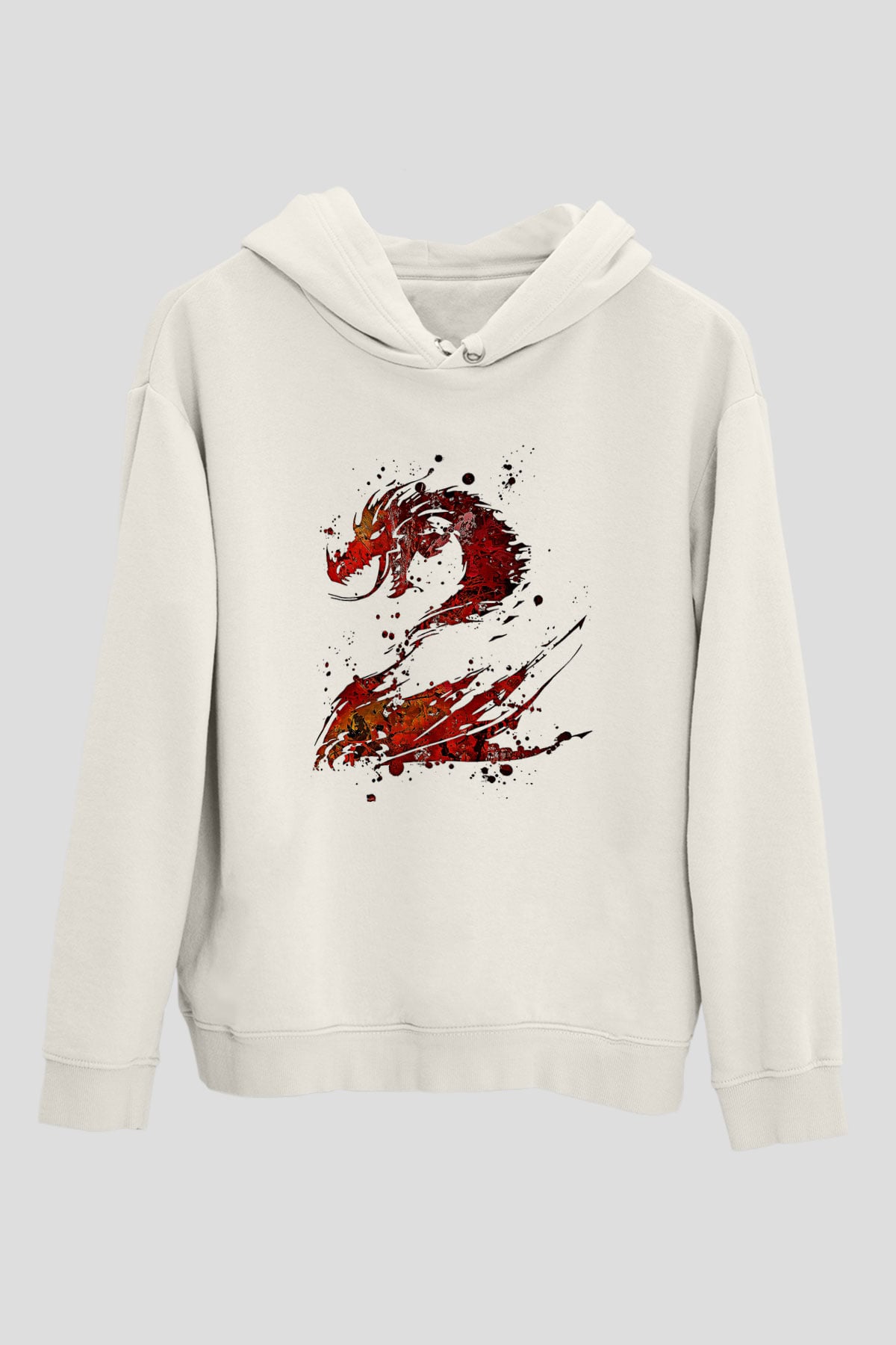 Ejderha Baskılı Beyaz Unisex Hoodie
