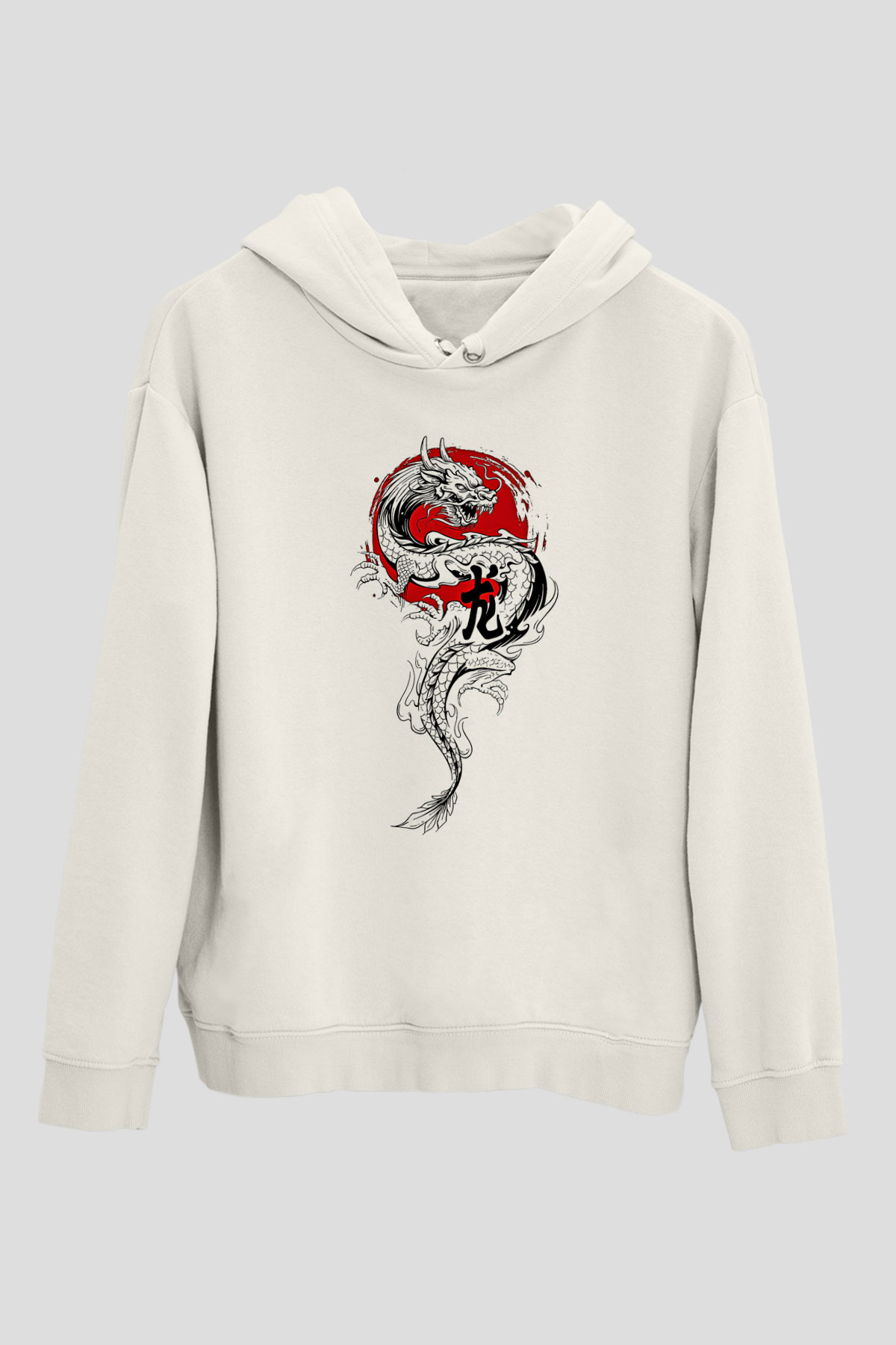 Ejderha Baskılı Beyaz Unisex Hoodie