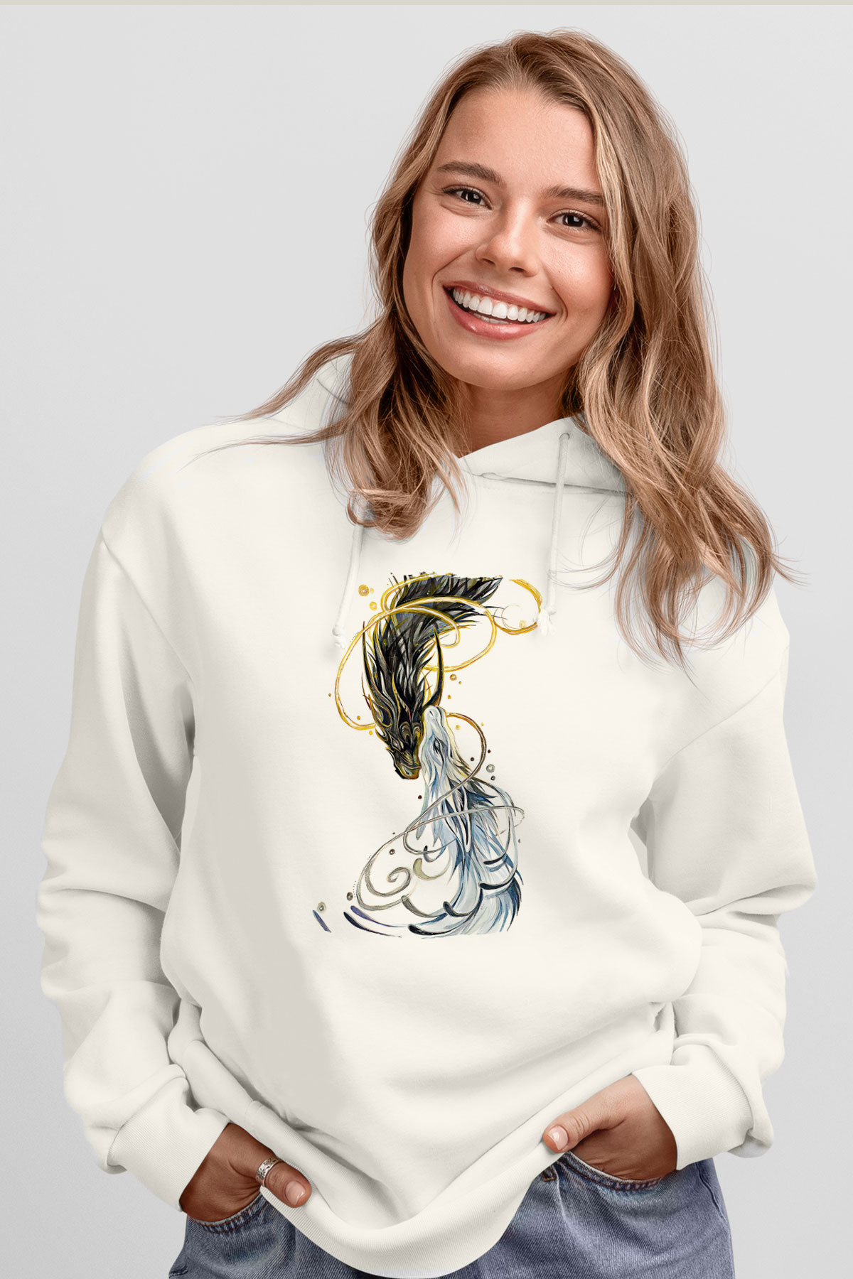 Ejderha Baskılı Beyaz Unisex Hoodie