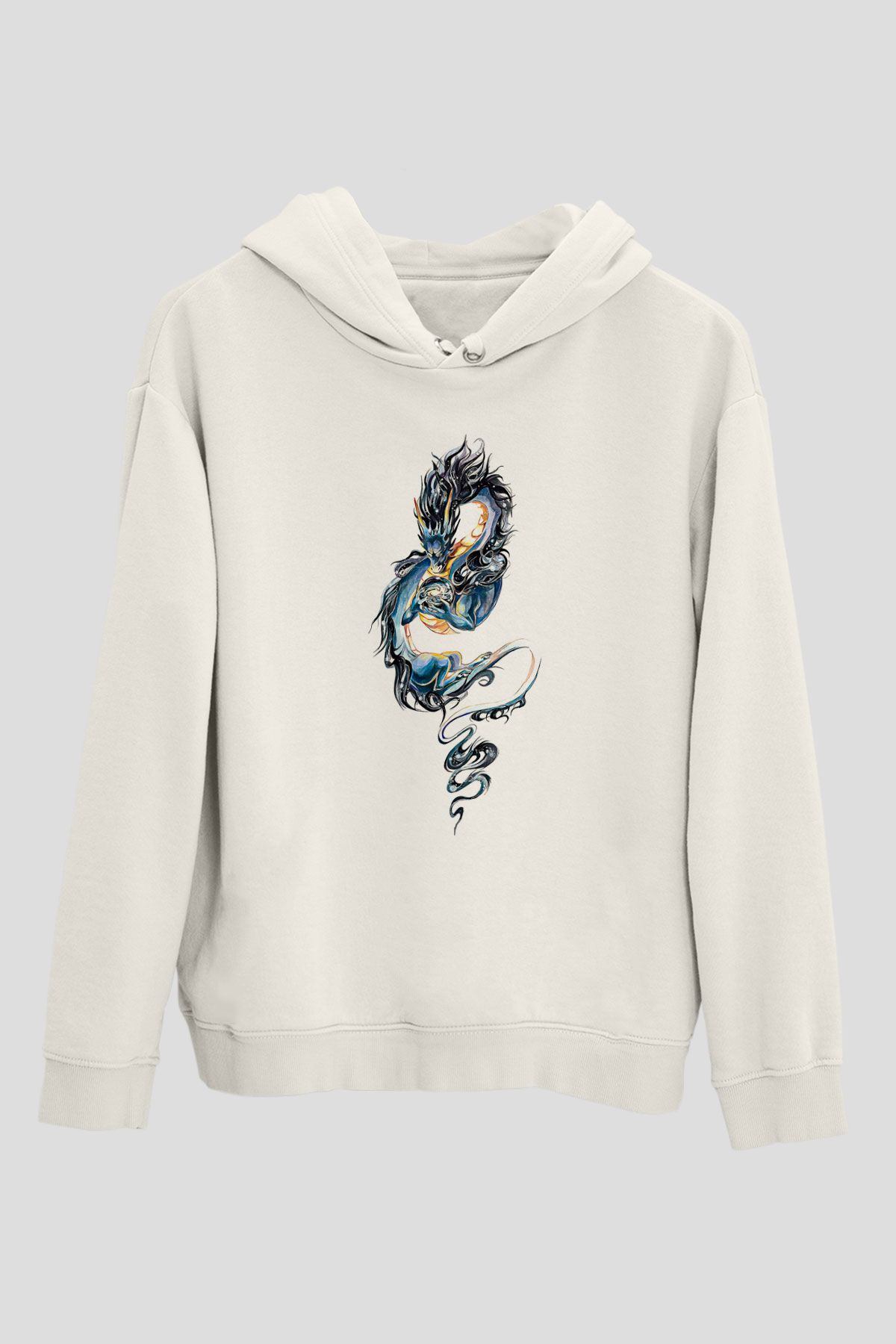 Ejderha Baskılı Beyaz Unisex Hoodie