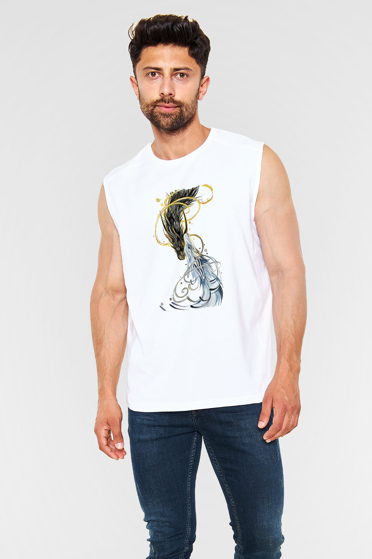 Ejderha Baskılı Beyaz Unisex Kolsuz Tişört - Tshirt