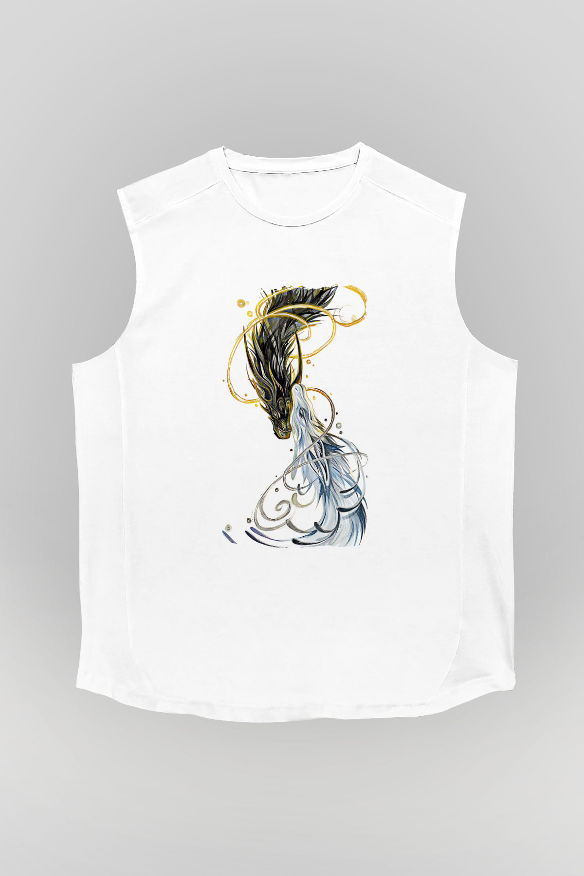 Ejderha Baskılı Beyaz Unisex Kolsuz Tişört - Tshirt