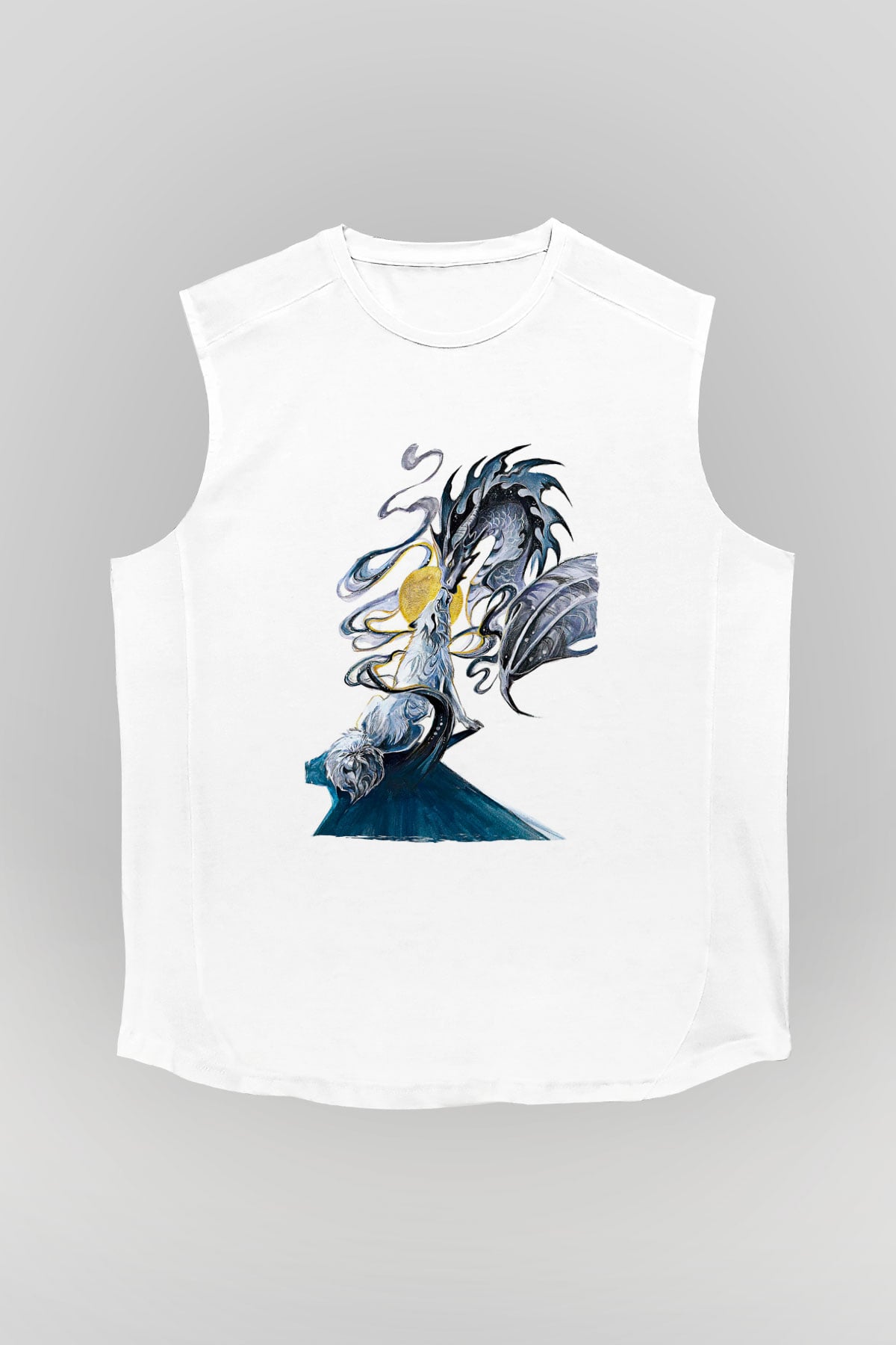 Ejderha Baskılı Beyaz Unisex Kolsuz Tişört - Tshirt