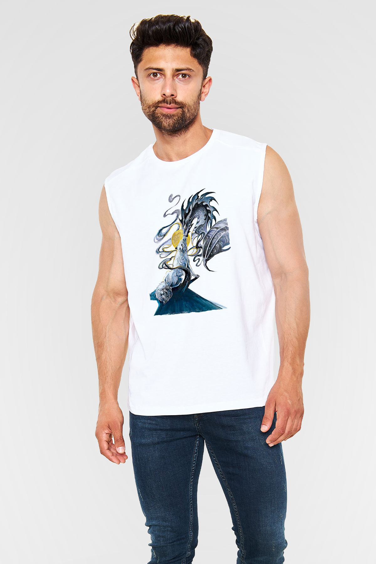 Ejderha Baskılı Beyaz Unisex Kolsuz Tişört - Tshirt