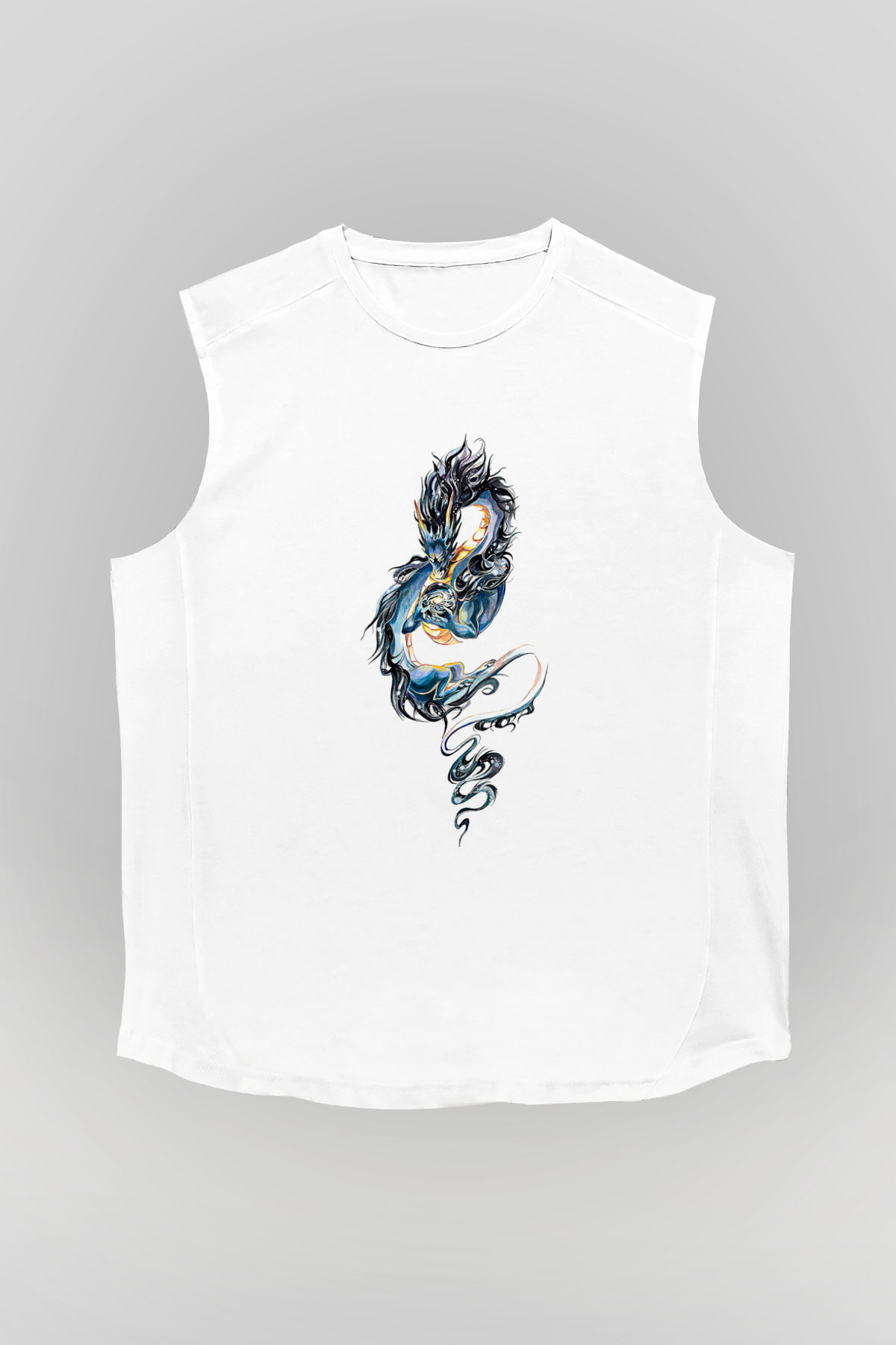 Ejderha Baskılı Beyaz Unisex Kolsuz Tişört - Tshirt