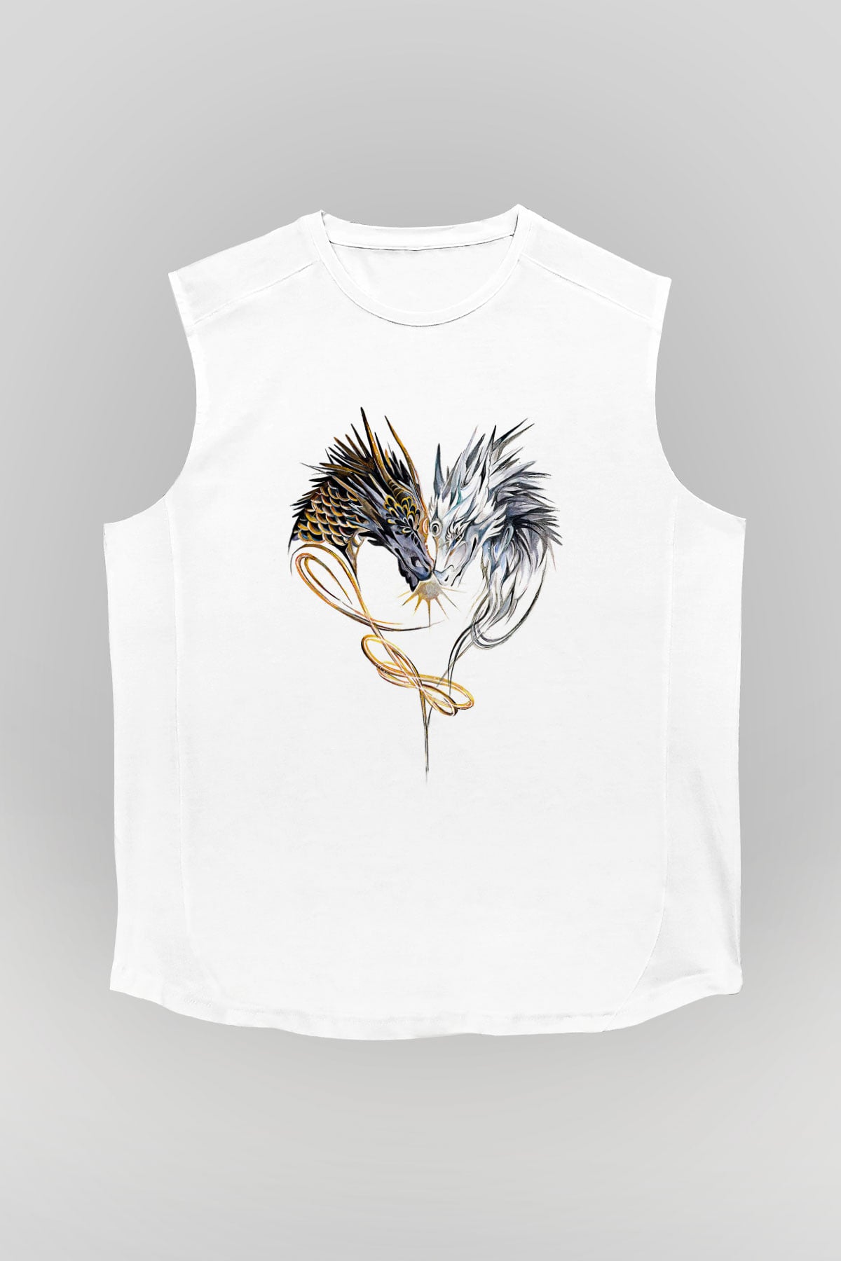Ejderha Baskılı Beyaz Unisex Kolsuz Tişört - Tshirt
