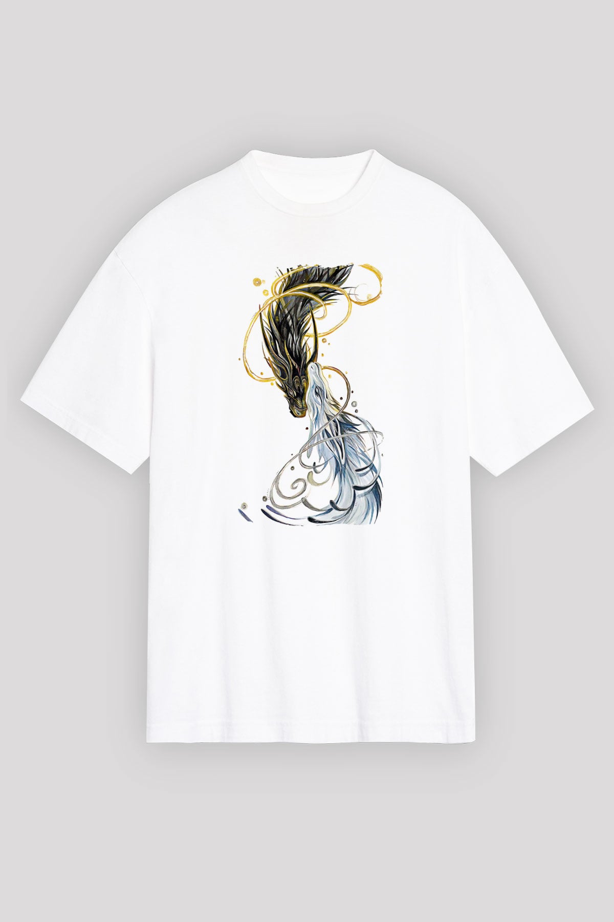 Ejderha Baskılı Beyaz Unisex Oversize Tişört - Tshirt