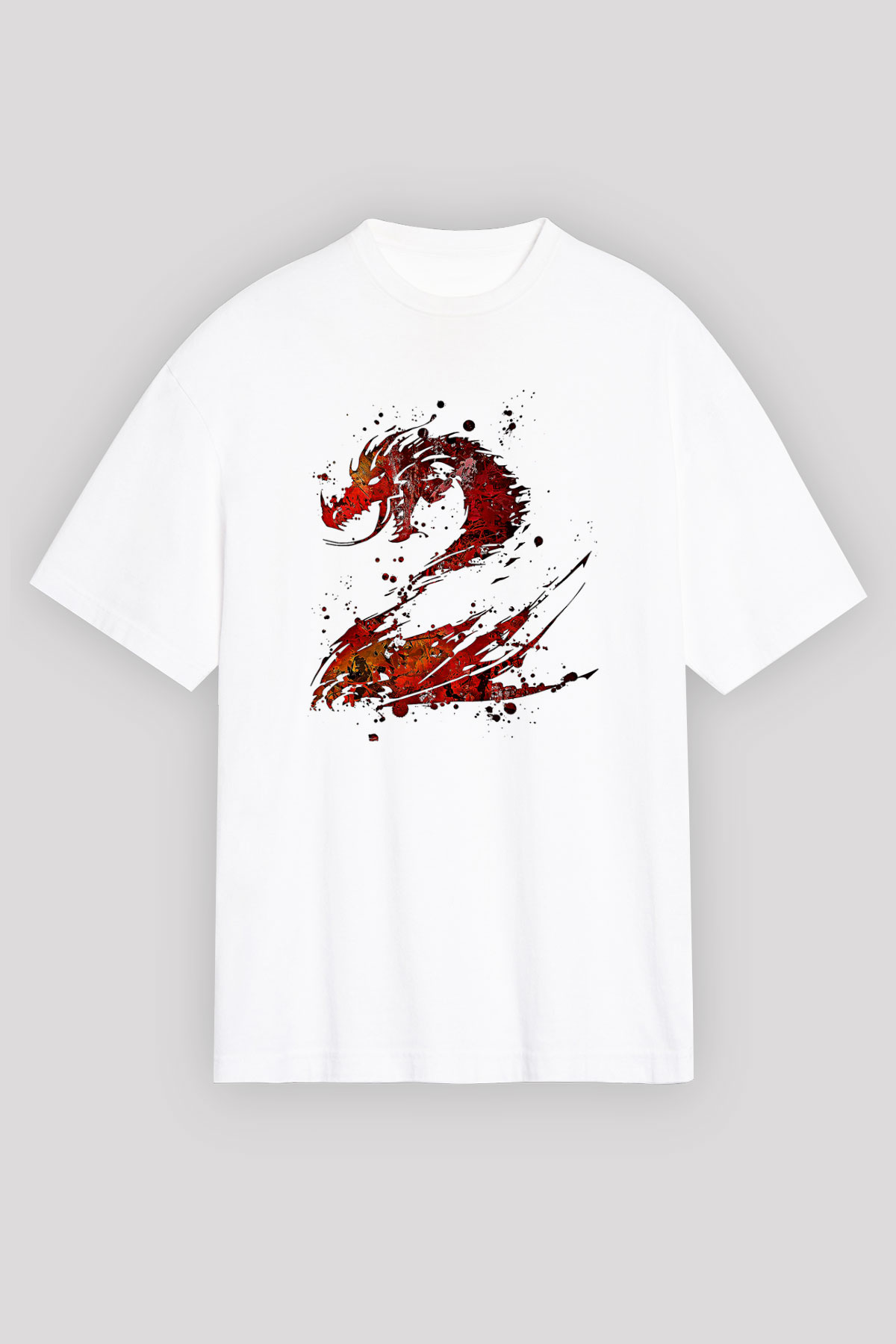 Ejderha Baskılı Beyaz Unisex Oversize Tişört - Tshirt