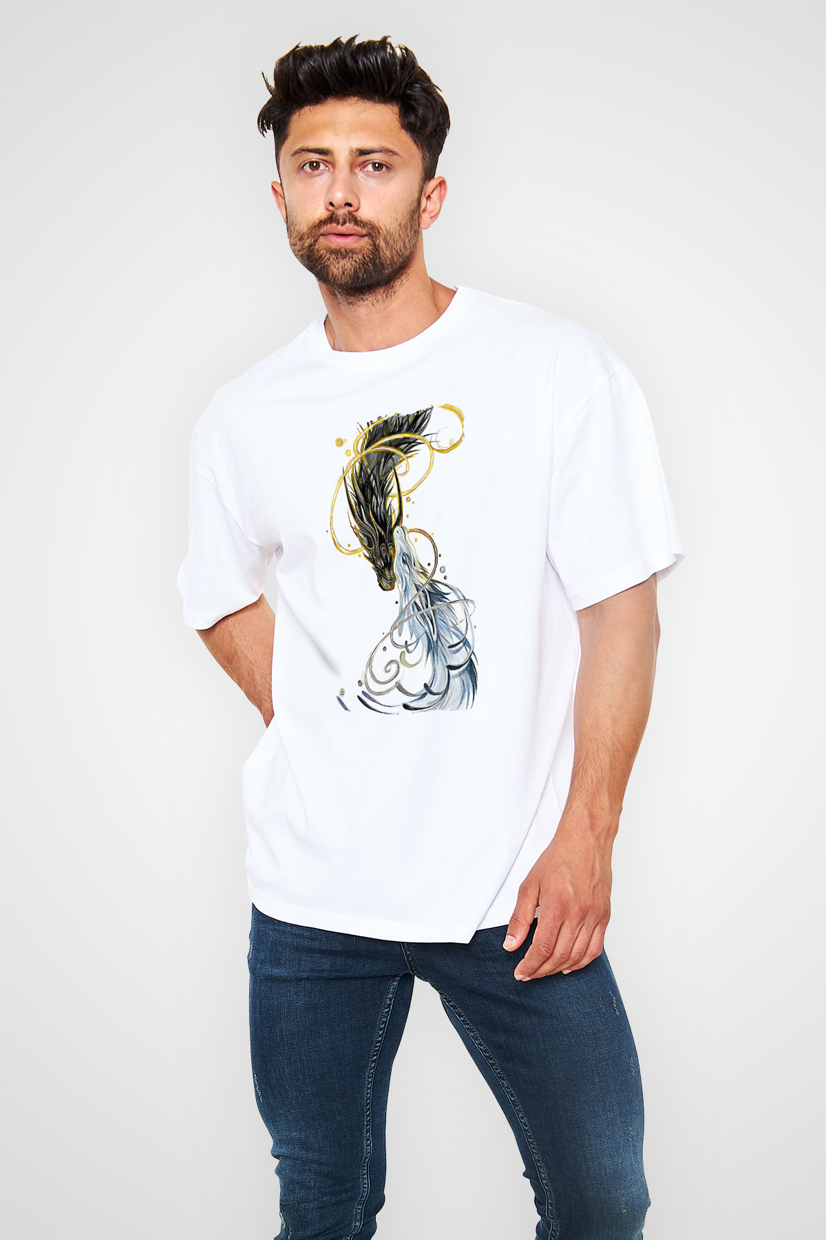 Ejderha Baskılı Beyaz Unisex Oversize Tişört - Tshirt