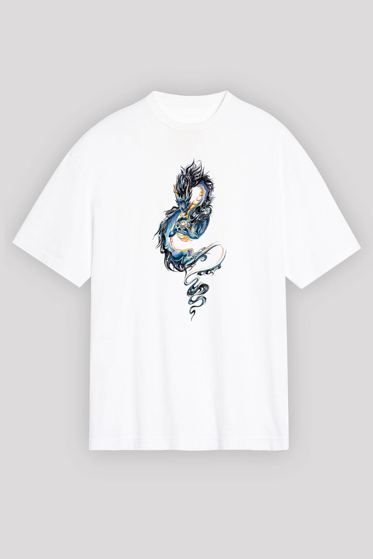 Ejderha Baskılı Beyaz Unisex Oversize Tişört - Tshirt
