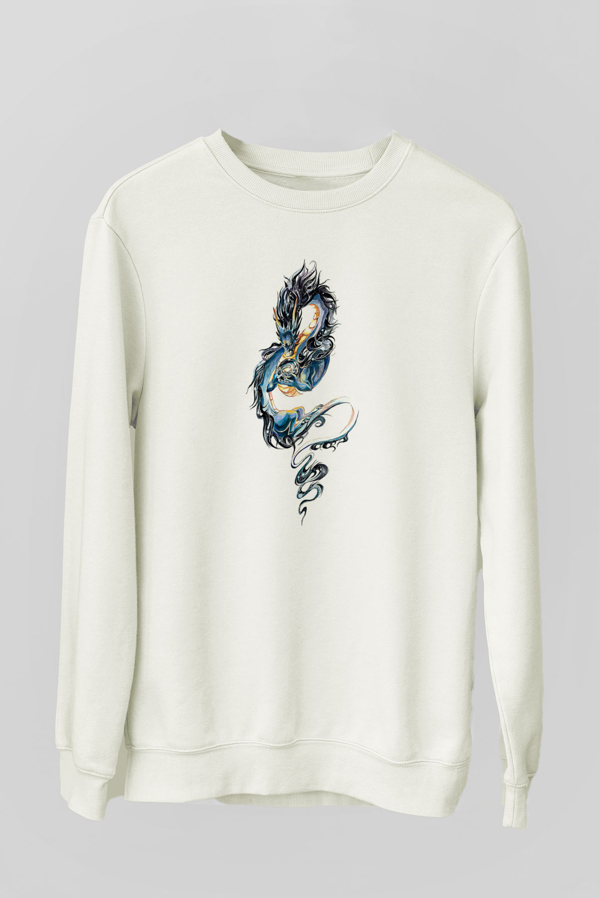 Ejderha Baskılı Beyaz Unisex Sweatshirt