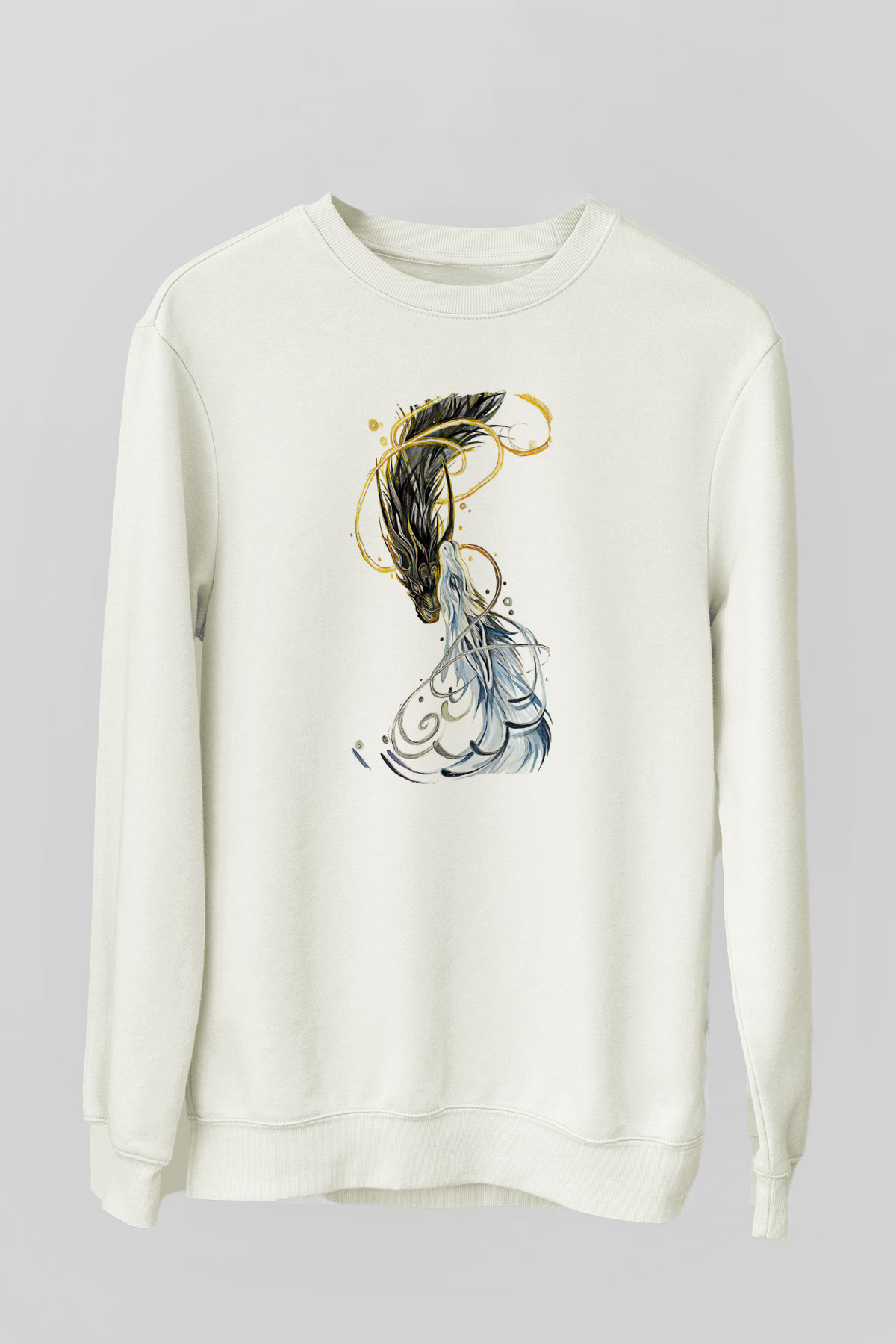 Ejderha Baskılı Beyaz Unisex Sweatshirt