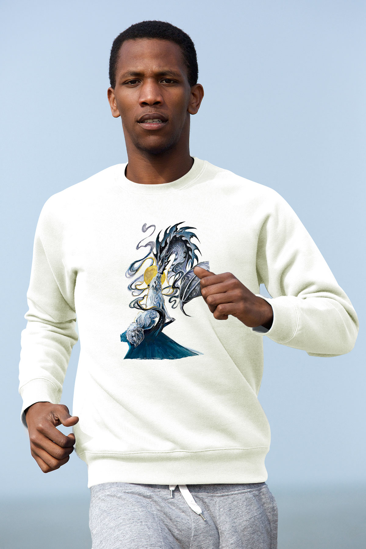 Ejderha Baskılı Beyaz Unisex Sweatshirt