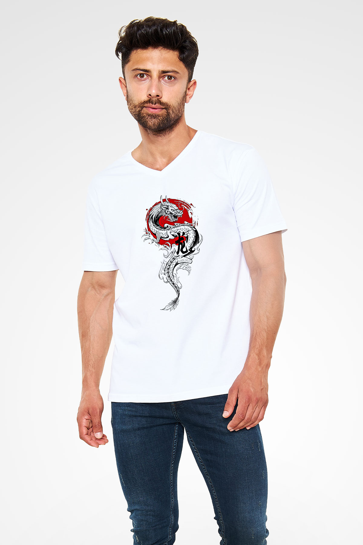 Ejderha Baskılı Beyaz Unisex V Yaka Tişört - Tshirt