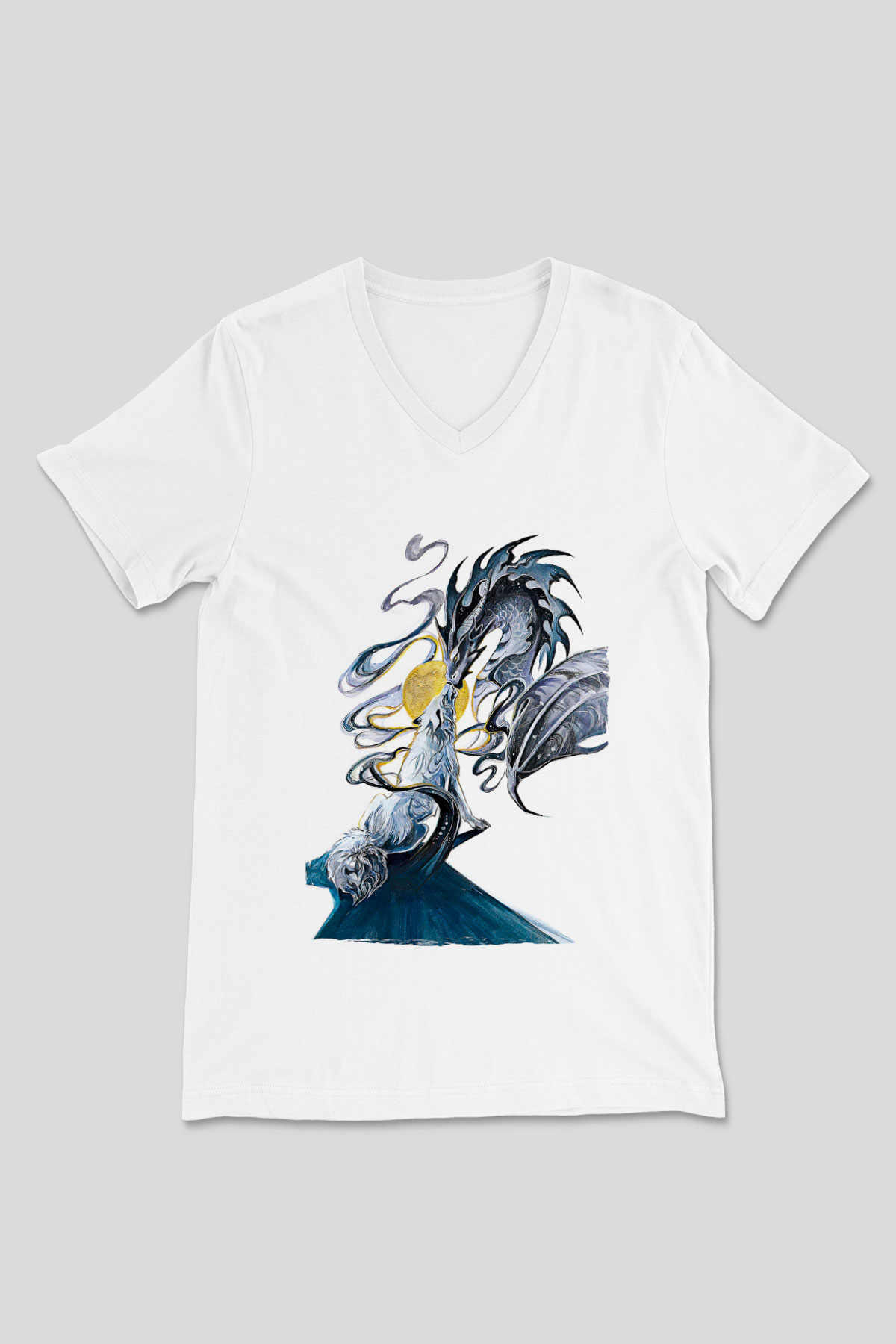 Ejderha Baskılı Beyaz Unisex V Yaka Tişört - Tshirt