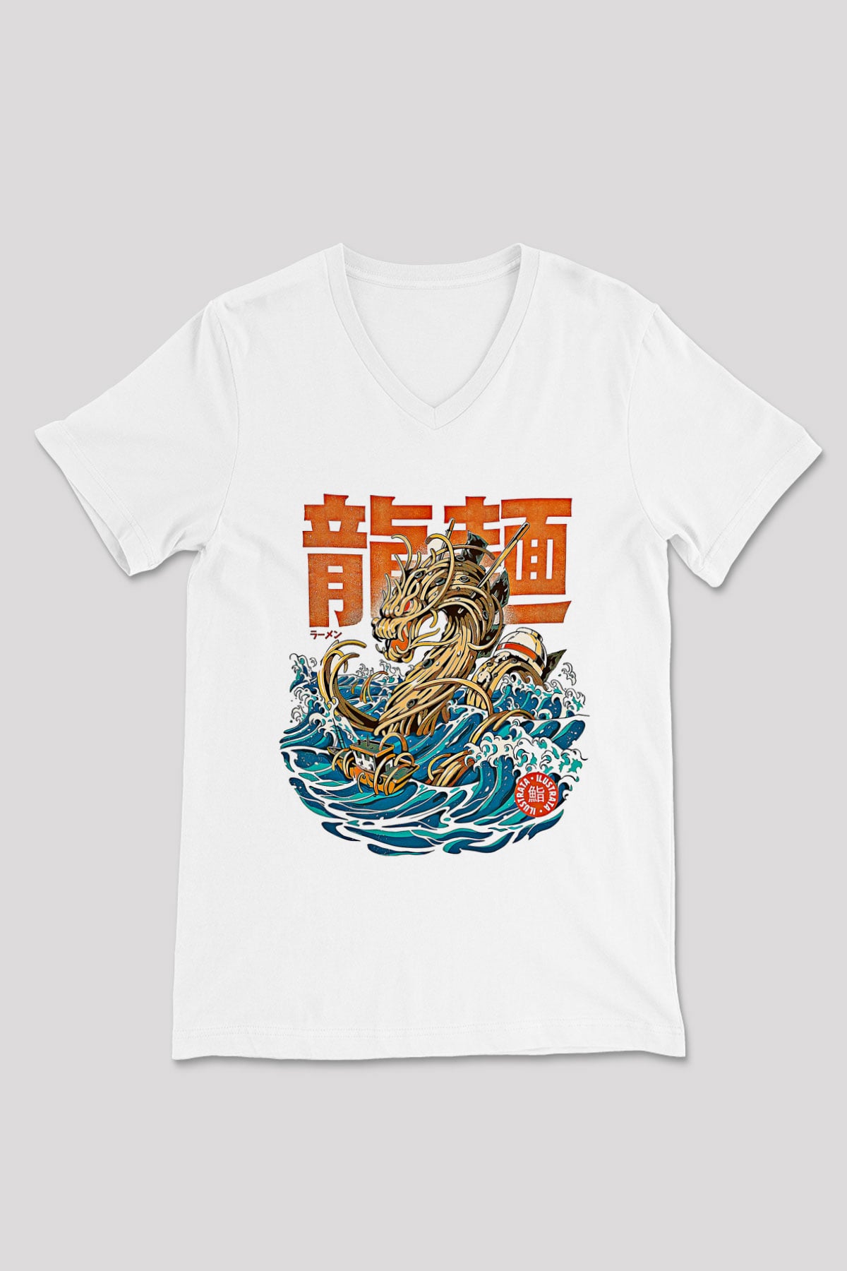 Ejderha Baskılı Beyaz Unisex V Yaka Tişört - Tshirt
