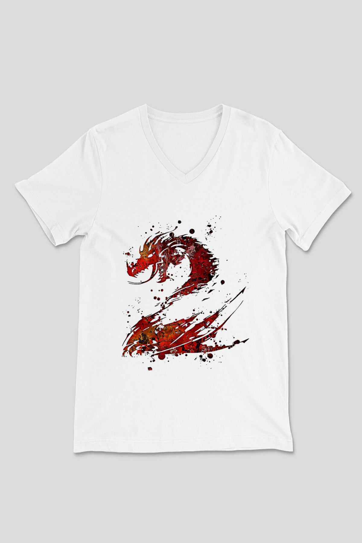 Ejderha Baskılı Beyaz Unisex V Yaka Tişört - Tshirt