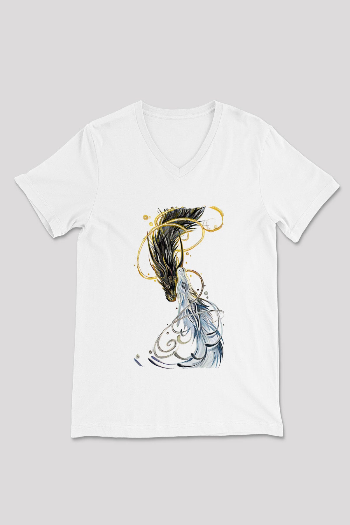 Ejderha Baskılı Beyaz Unisex V Yaka Tişört - Tshirt