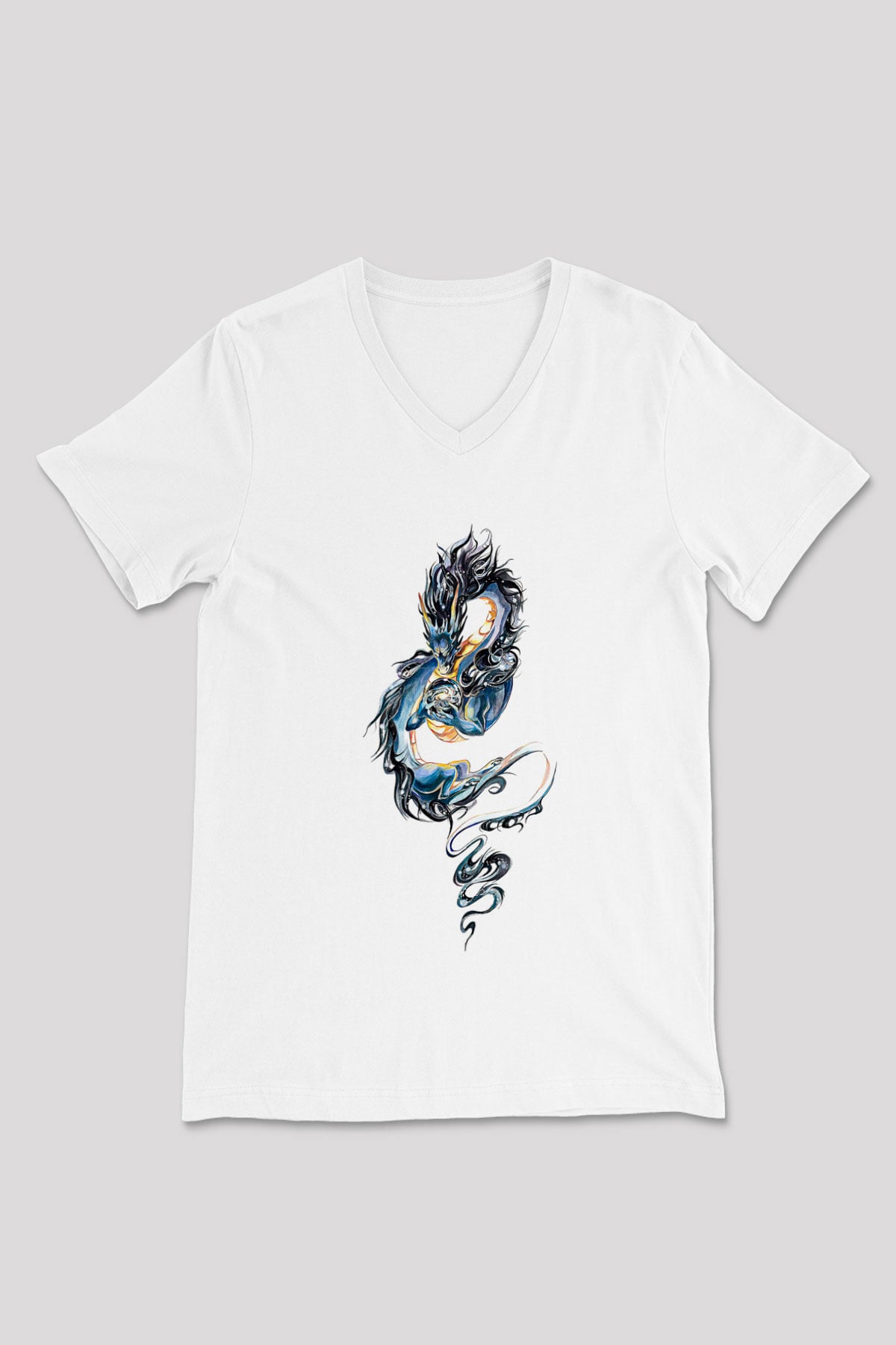 Ejderha Baskılı Beyaz Unisex V Yaka Tişört - Tshirt