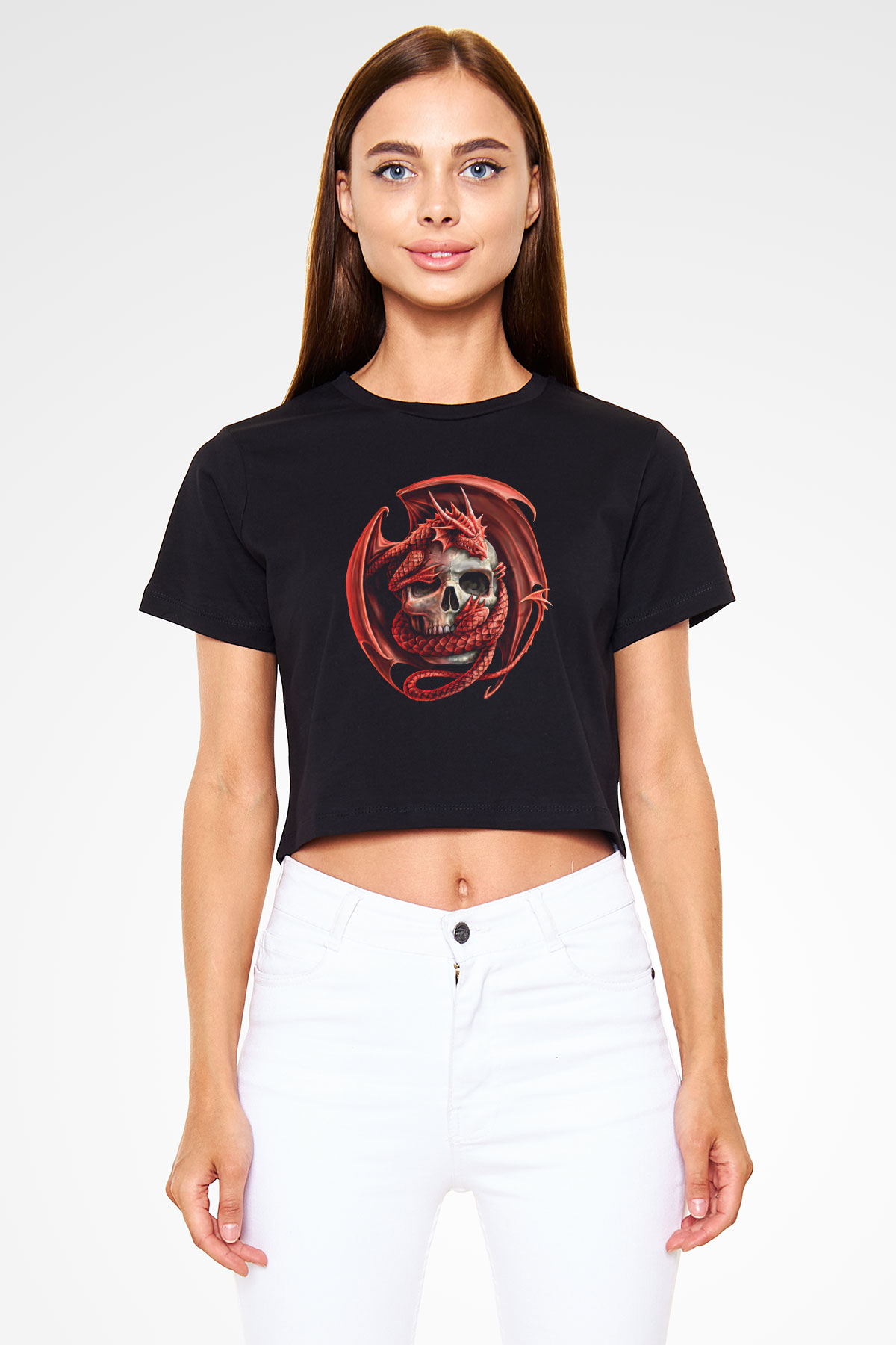 Ejderha Baskılı Siyah Crop Top Kadın Tişört - Tshirt
