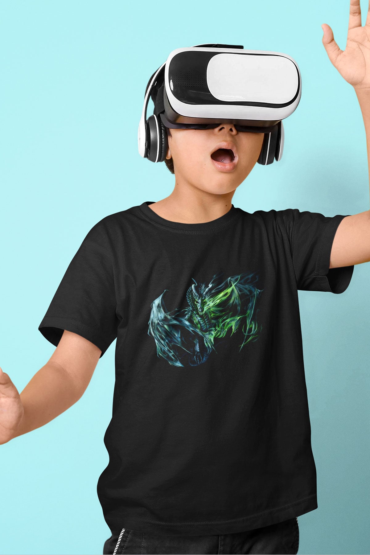 Ejderha Baskılı Unisex Siyah Çocuk Tişört - Tshirt