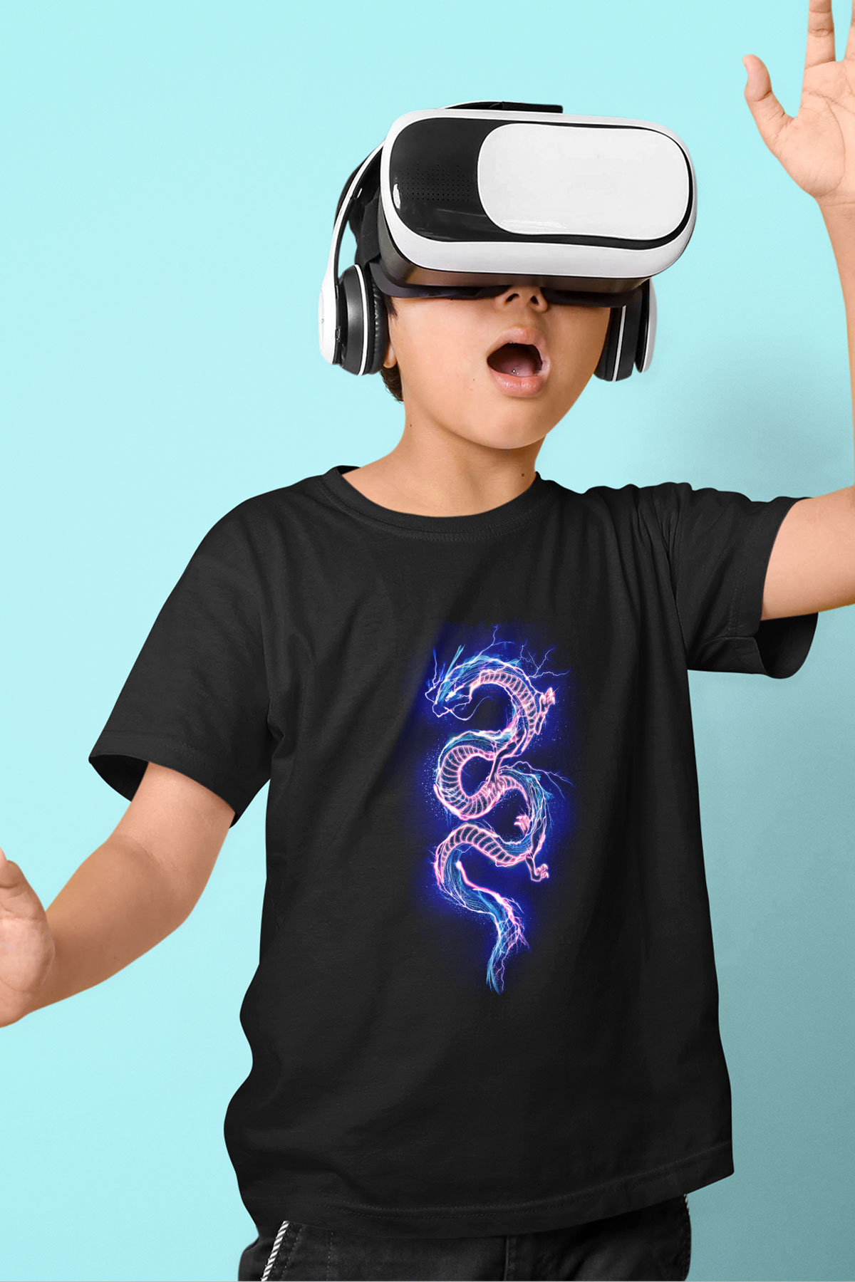 Ejderha Baskılı Unisex Siyah Çocuk Tişört - Tshirt