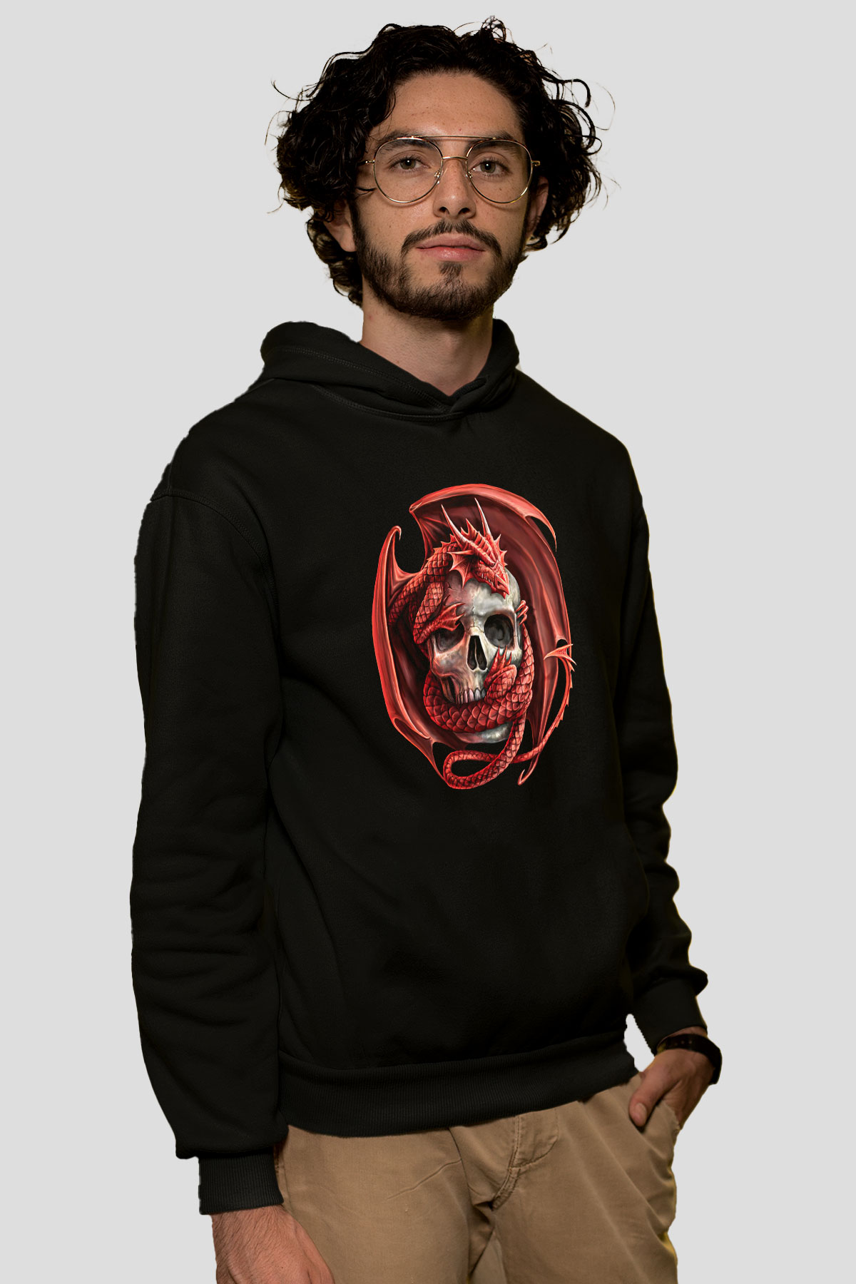 Ejderha Baskılı Unisex Siyah Hoodie