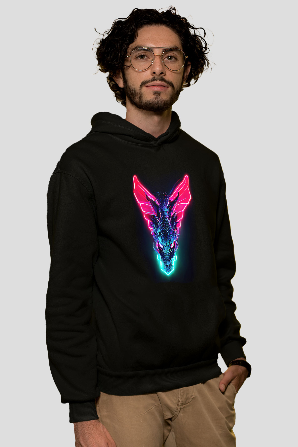 Ejderha Baskılı Unisex Siyah Hoodie