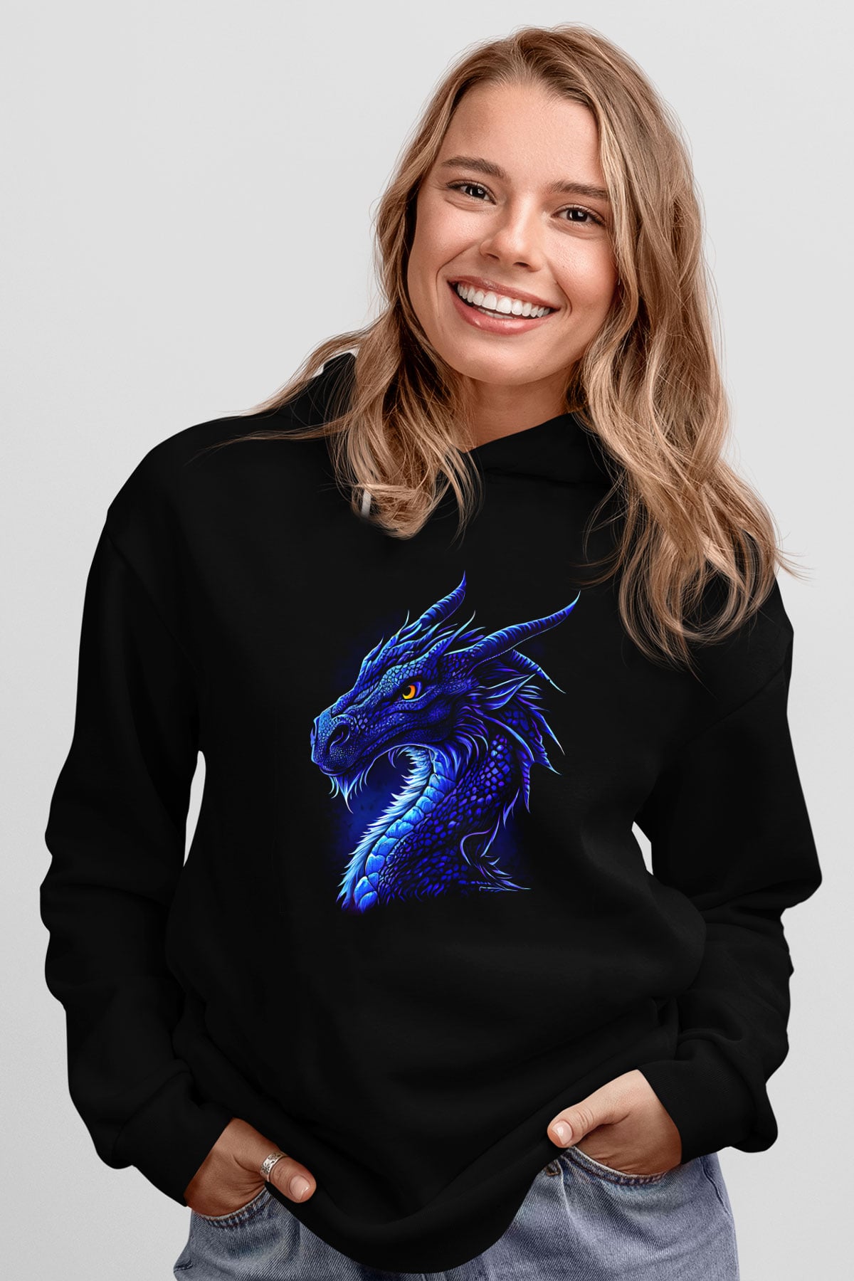 Ejderha Baskılı Unisex Siyah Hoodie