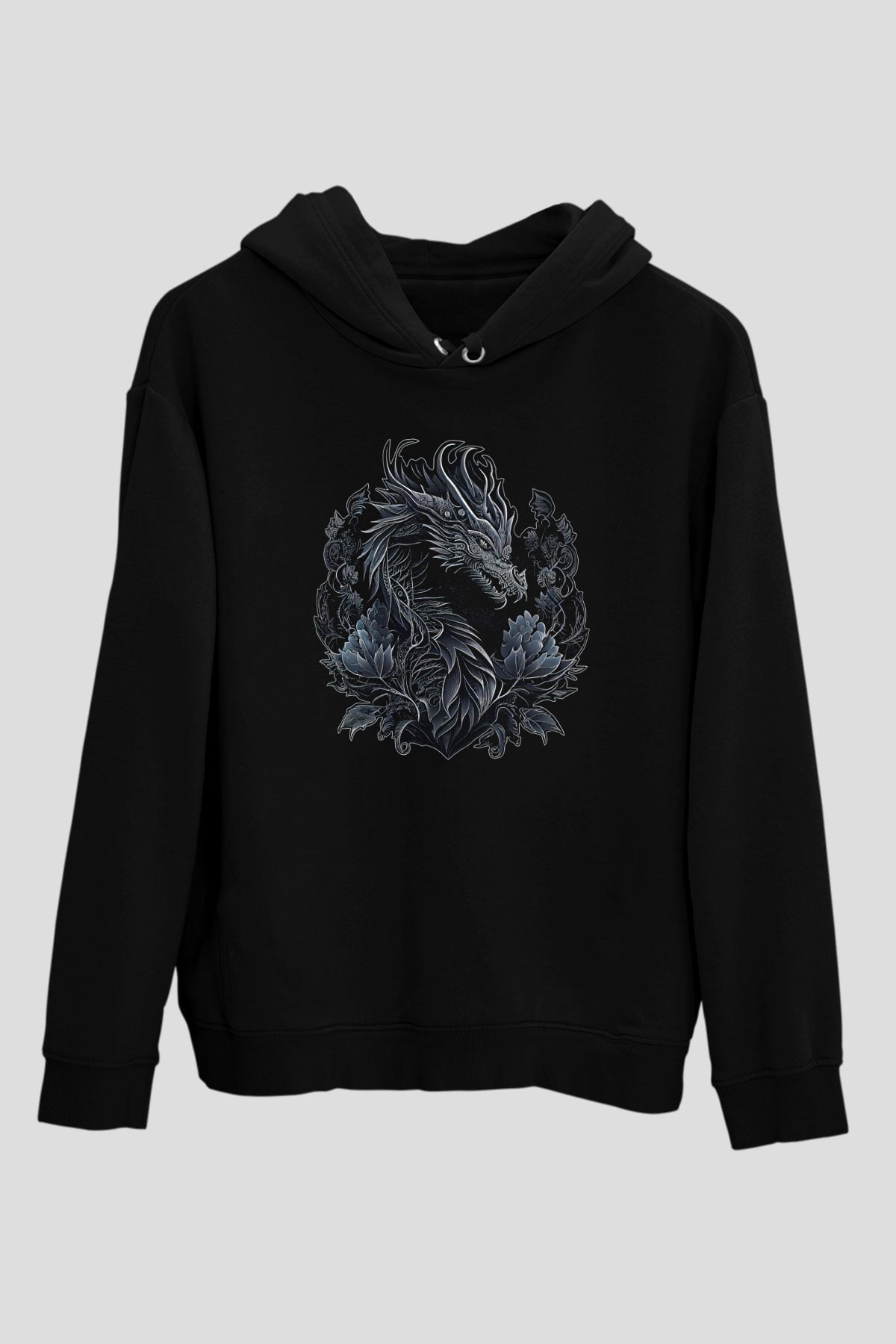 Ejderha Baskılı Unisex Siyah Hoodie