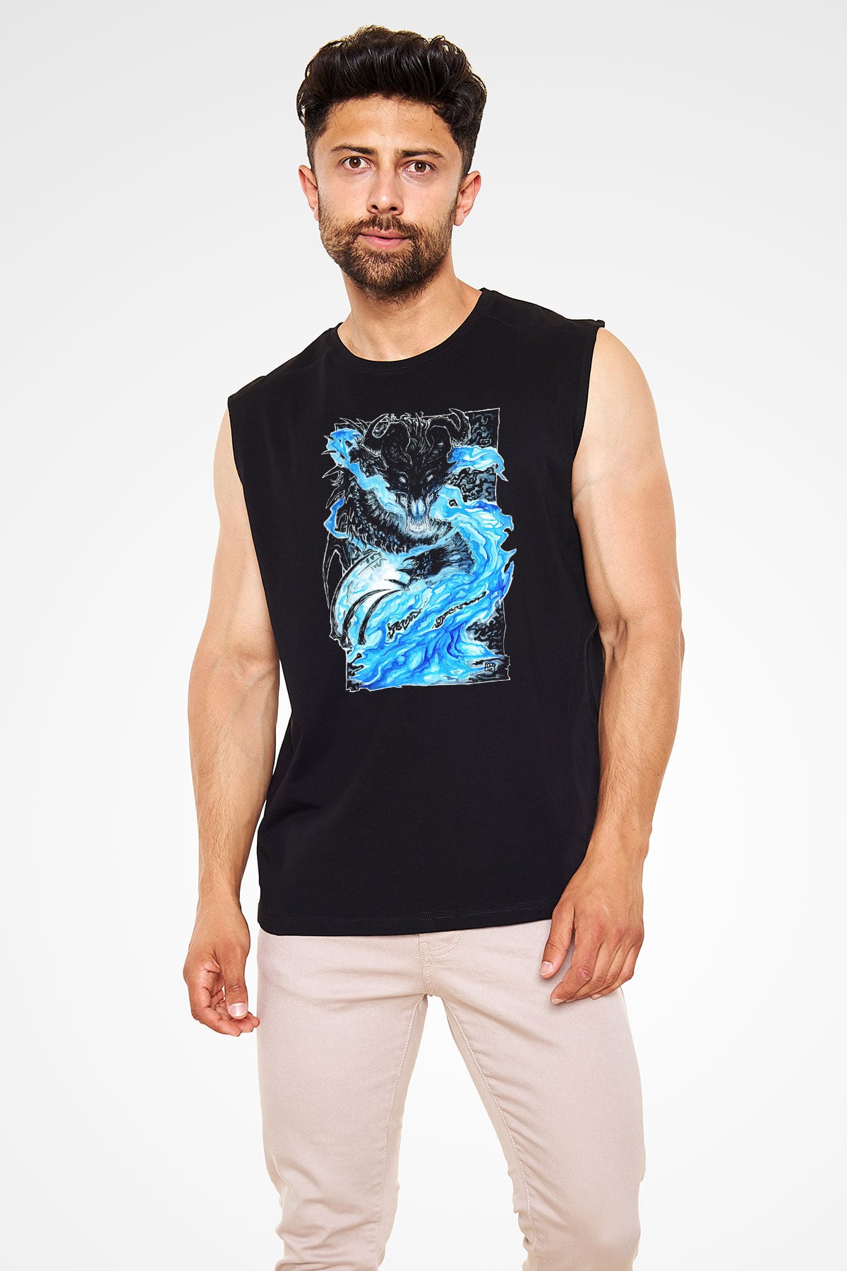Ejderha Baskılı Unisex Siyah Kolsuz Tişört - Tshirt