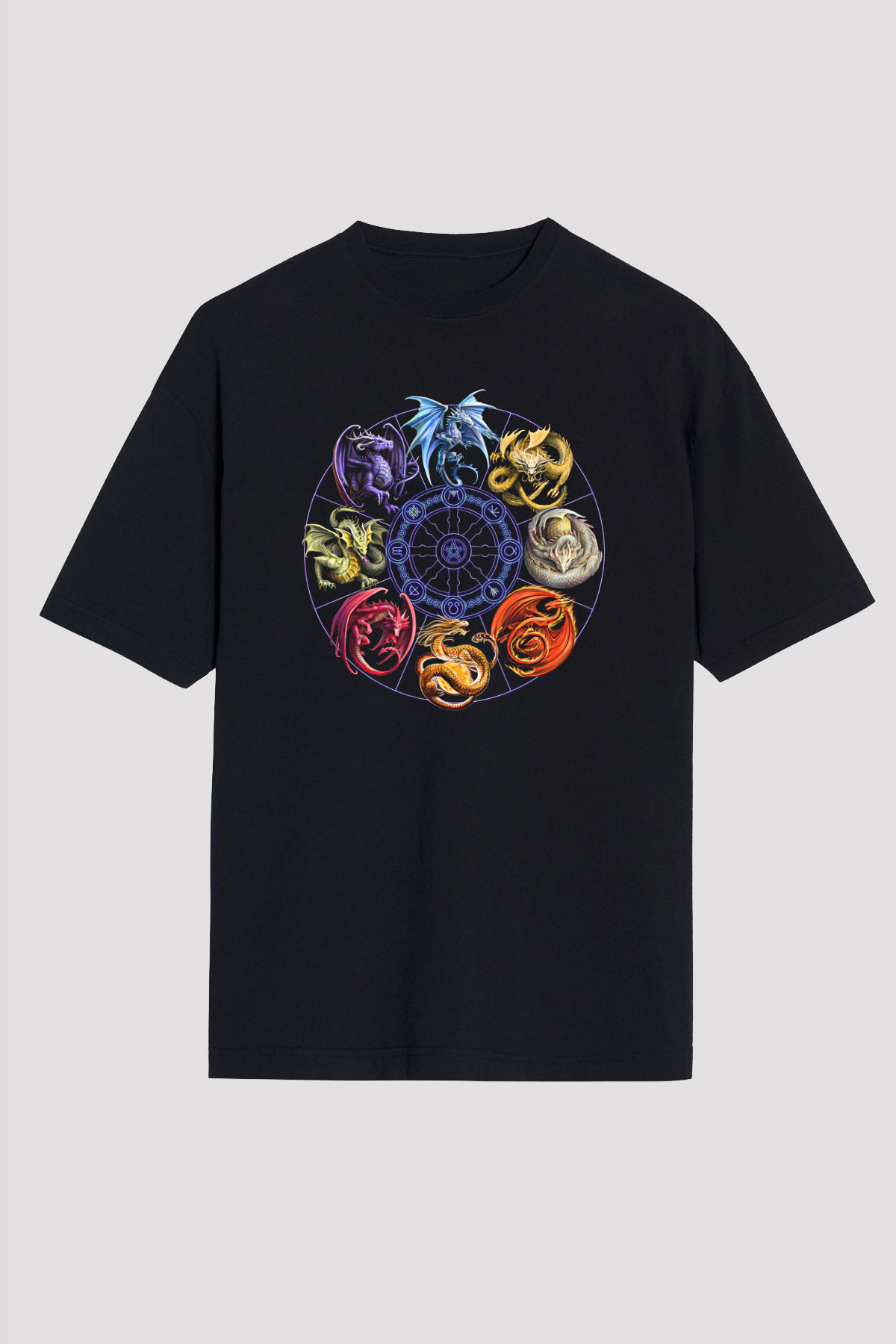Ejderha Baskılı Unisex Siyah Oversize Tişört - Tshirt
