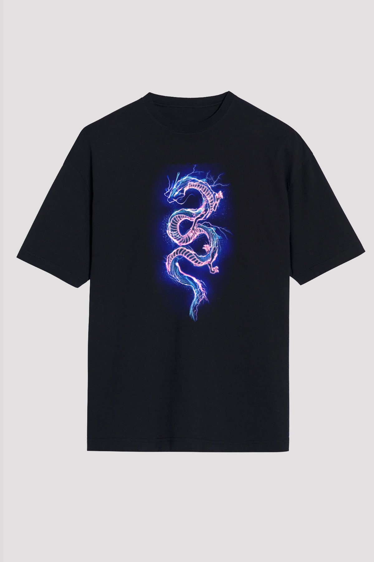 Ejderha Baskılı Unisex Siyah Oversize Tişört - Tshirt
