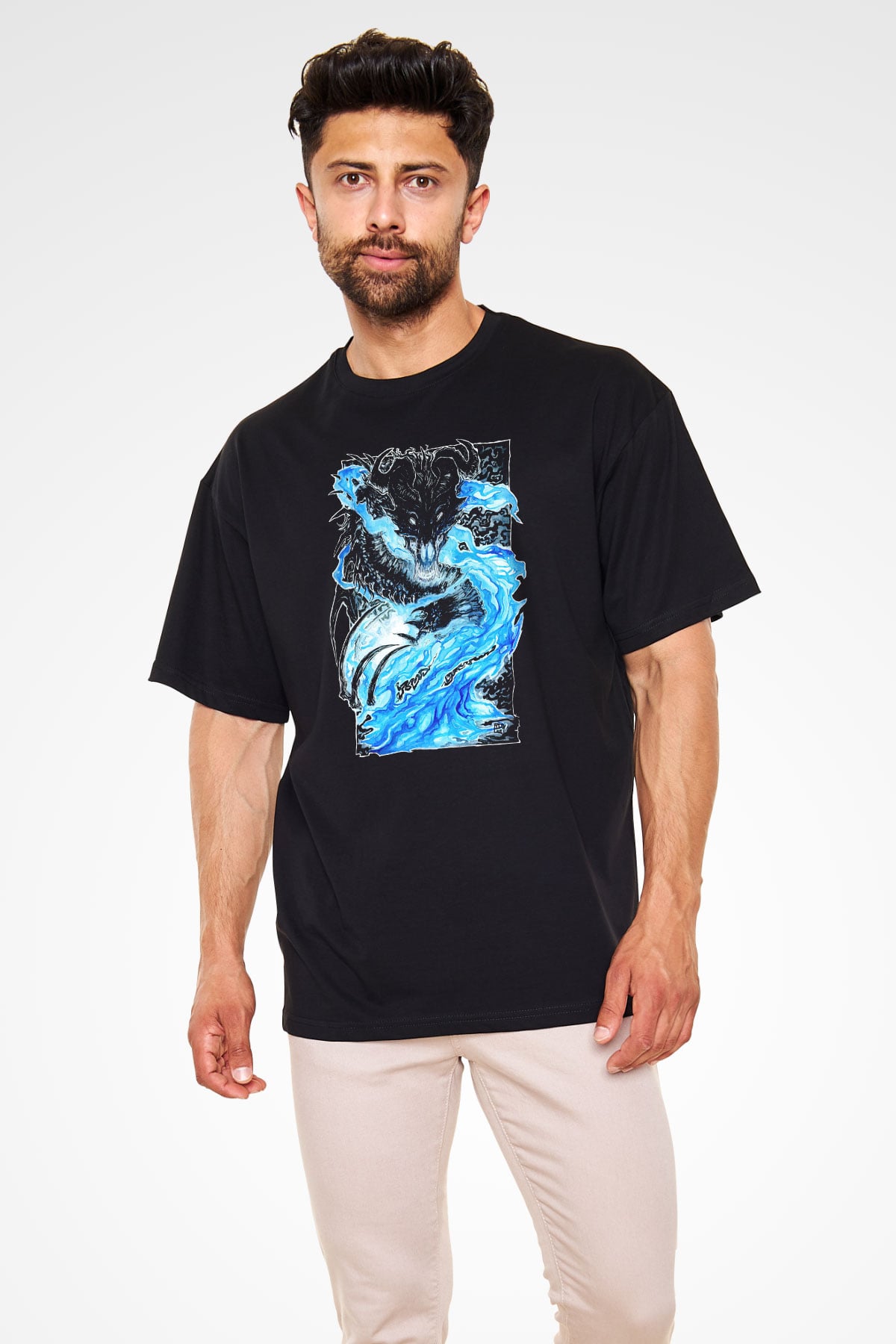 Ejderha Baskılı Unisex Siyah Oversize Tişört - Tshirt