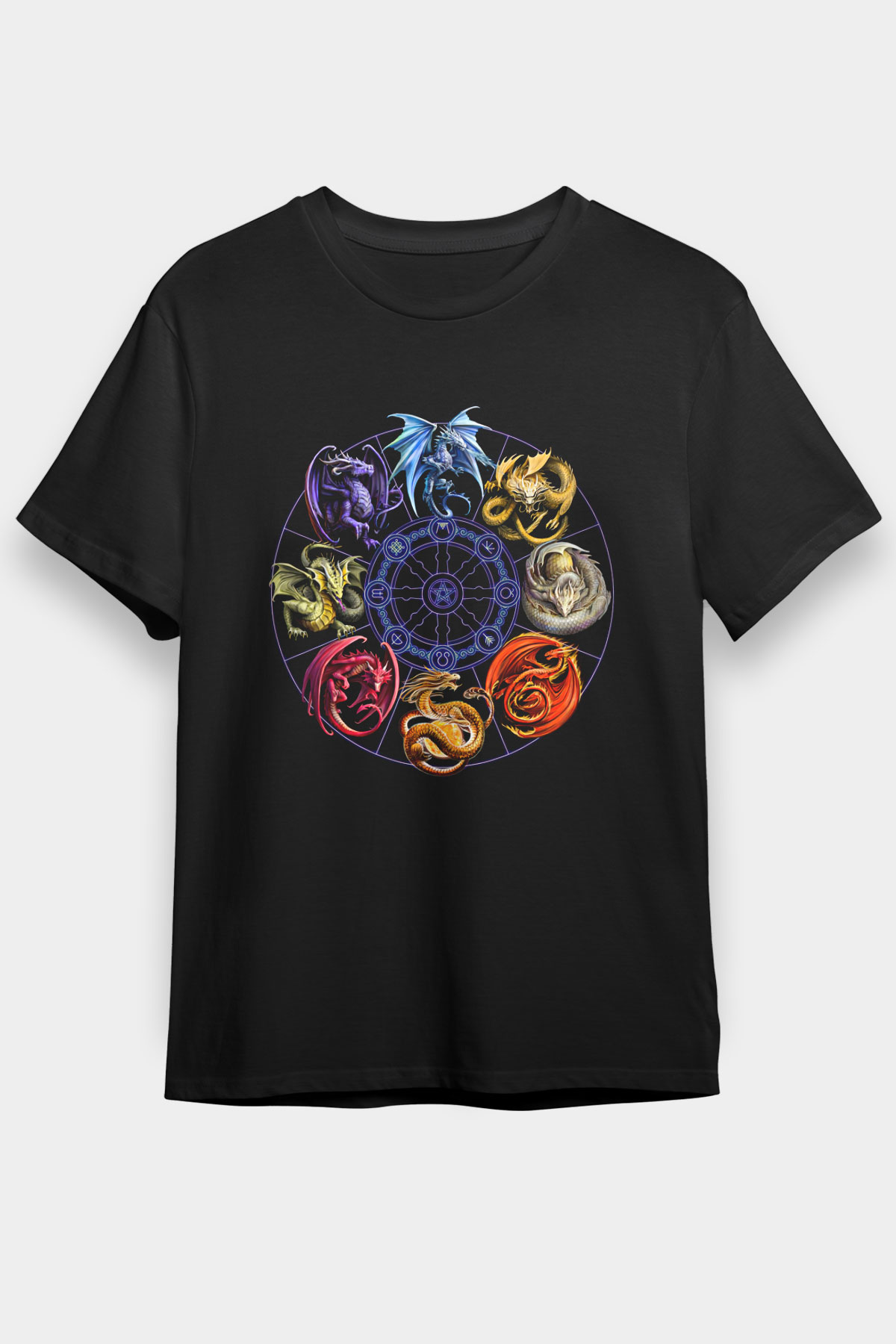 Ejderha Baskılı Unisex Siyah Tişört - Tshirt