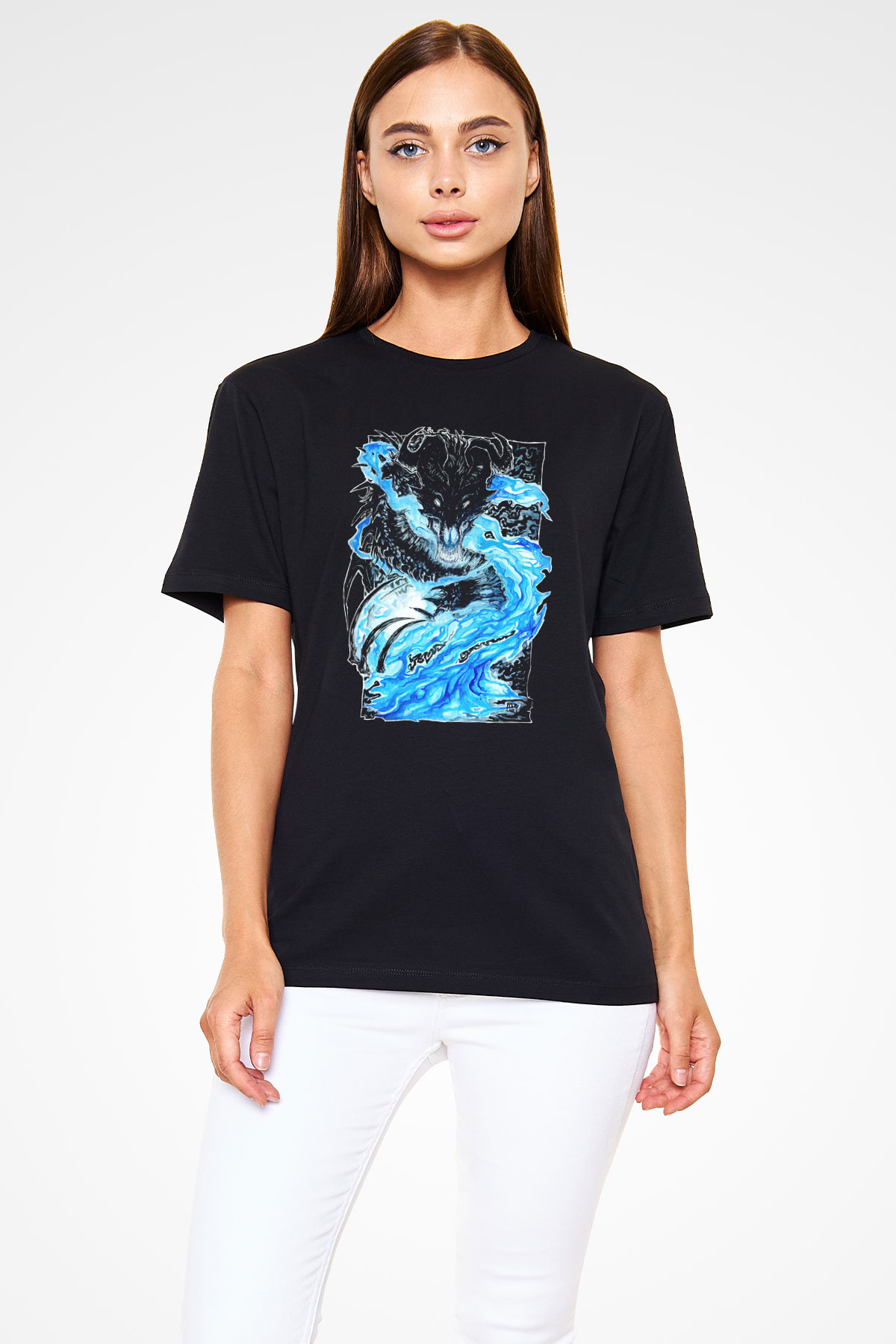 Ejderha Baskılı Unisex Siyah Tişört - Tshirt